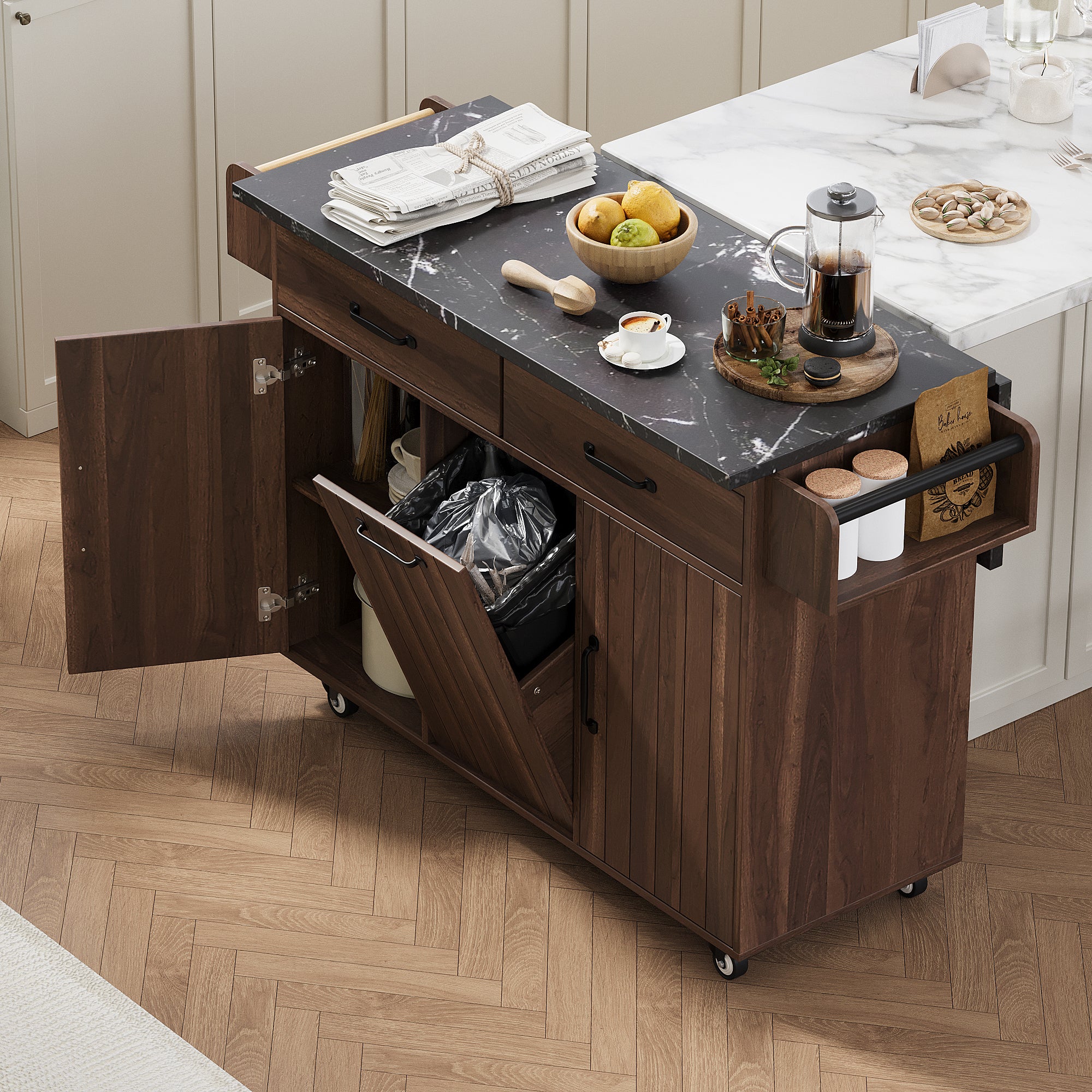 Walnut-Brown Kitchen Island with Tilt-Out Trash Cabinet, Drop Leaf