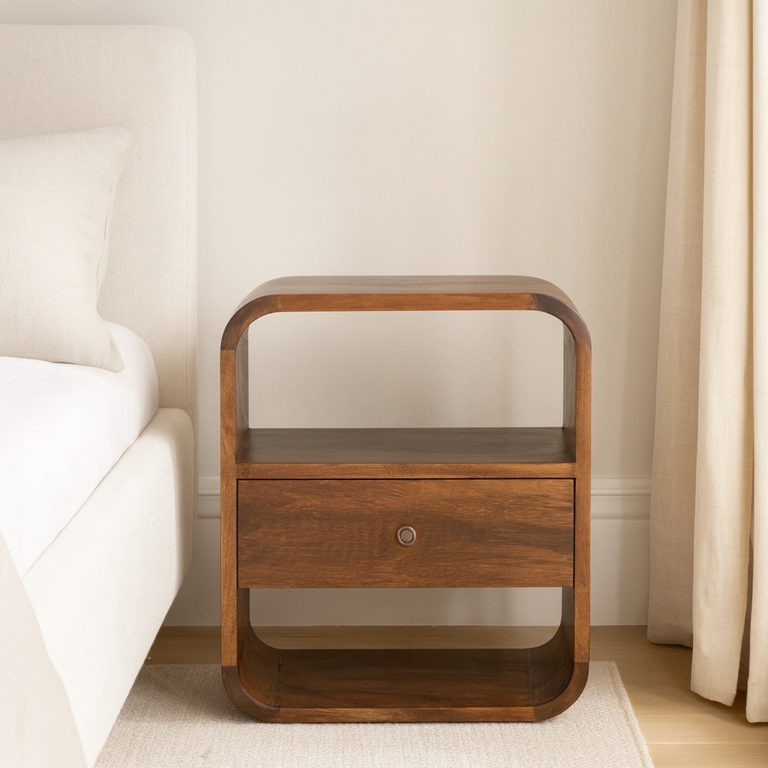 Wall-Mounted Nightstand with Shelf, 1 Drawer, Mango Wood, Chestnut