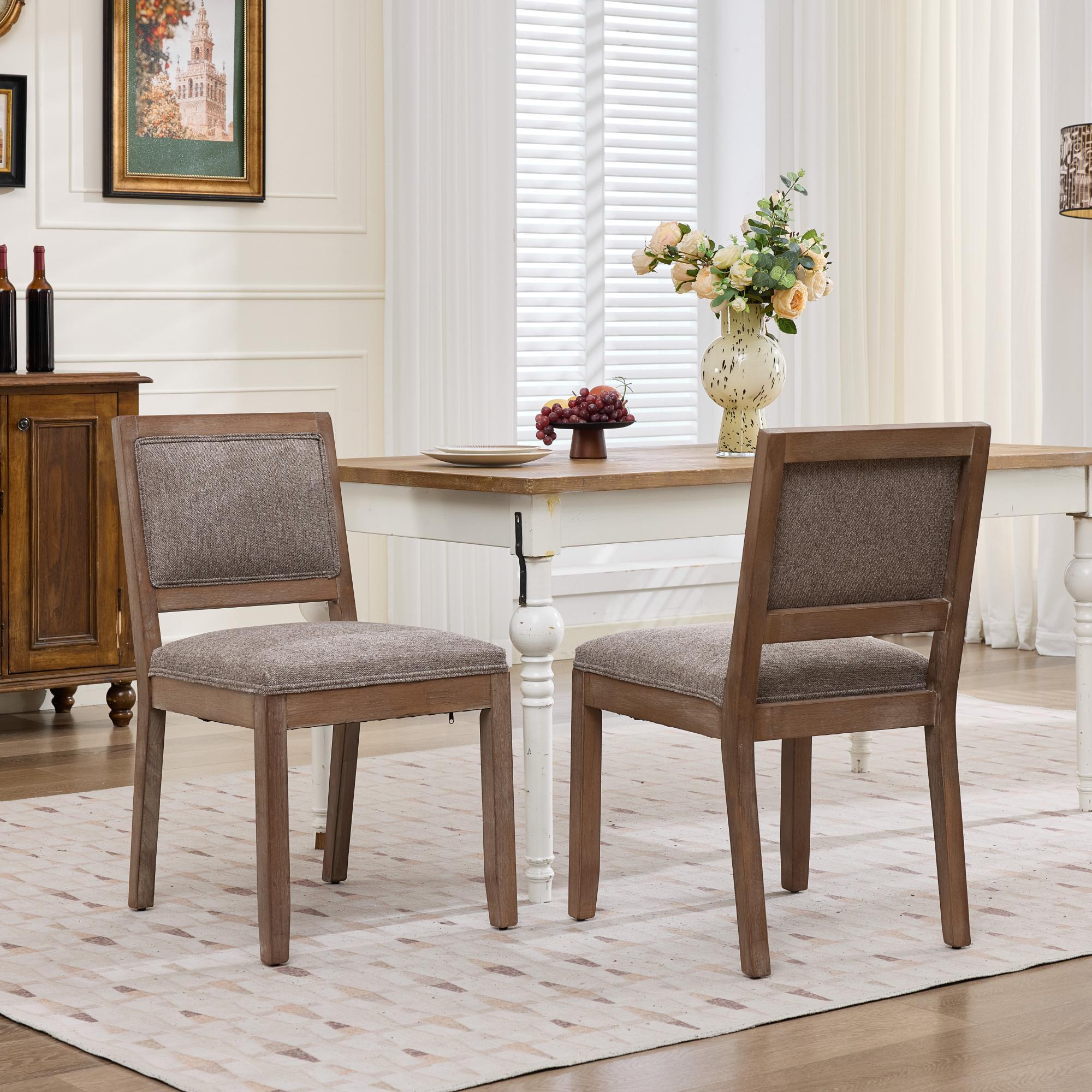 Farmhouse Fabric Dining Chairs Set of 2, Coffee Brown with Wood Frame