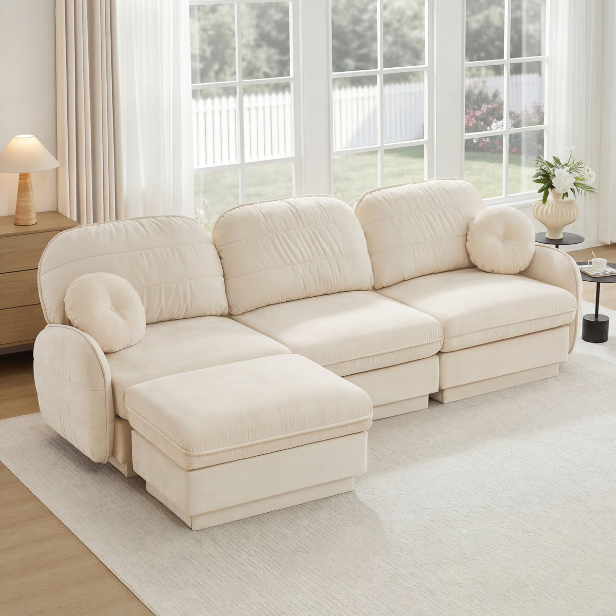 Cream Chenille Sectional Couch with Ottoman, 105.1 in Wide