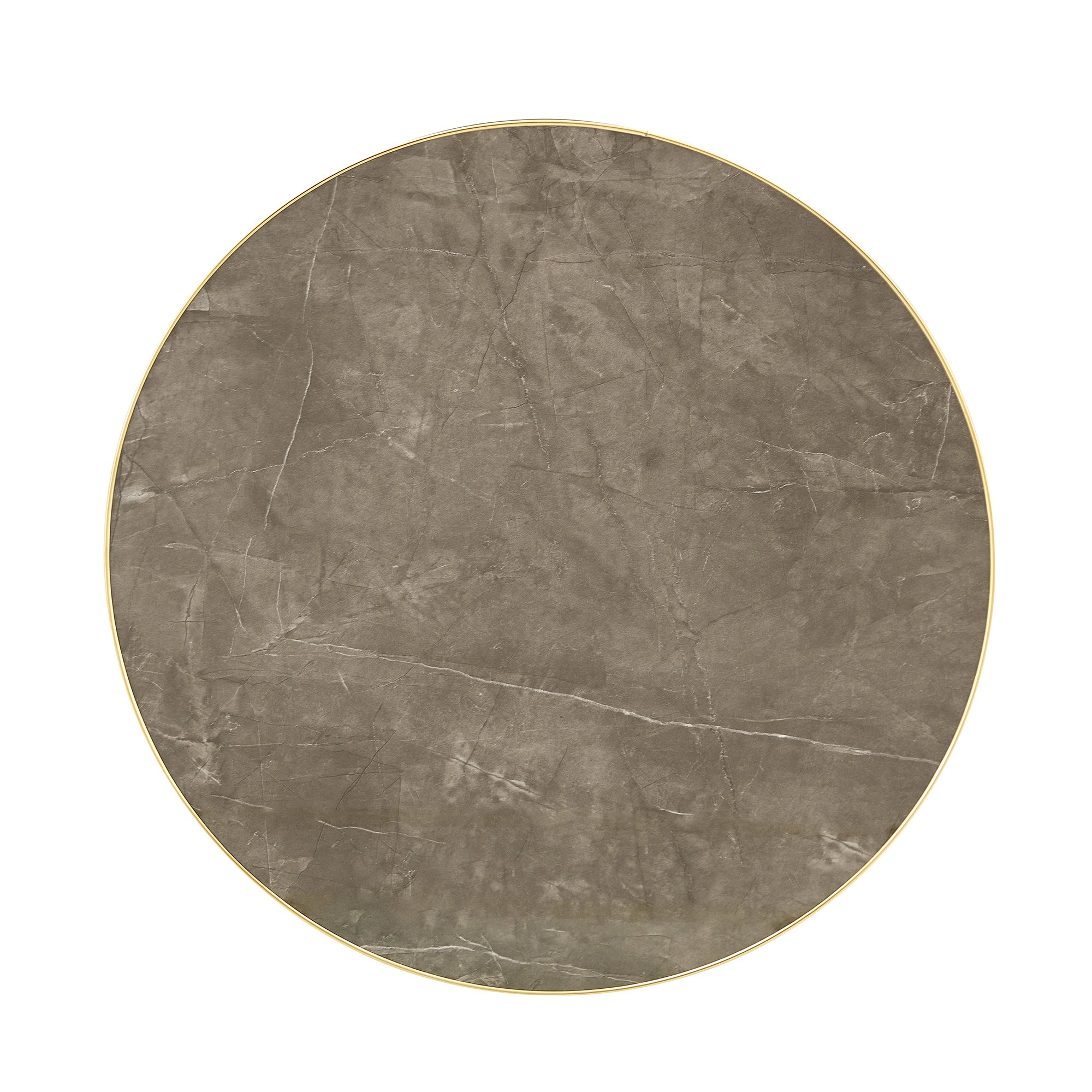 Overhead view of the gray faux marble bistro tabletop framed by a gold metal edge