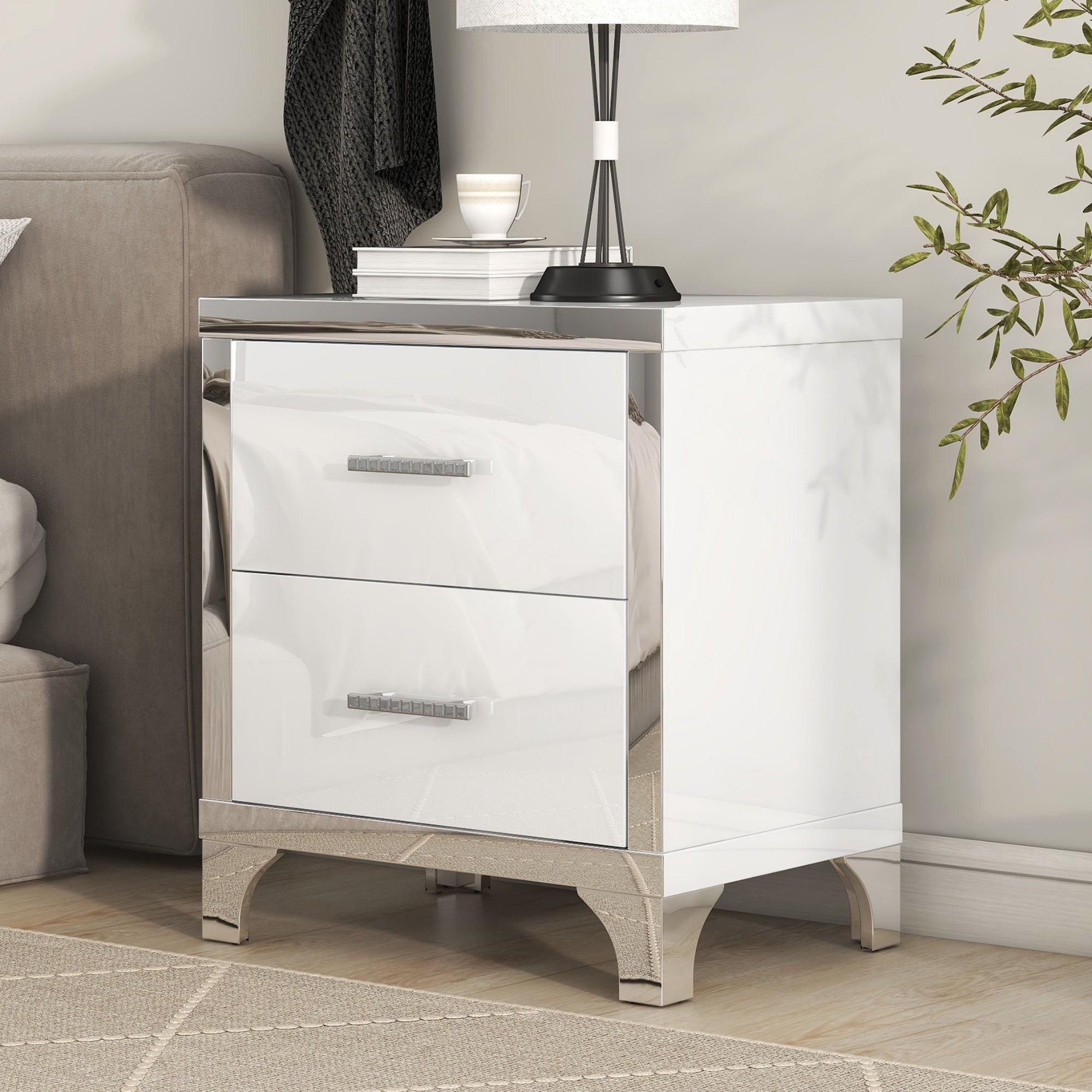High Gloss 2-Drawer Nightstand with Metal Handles, White