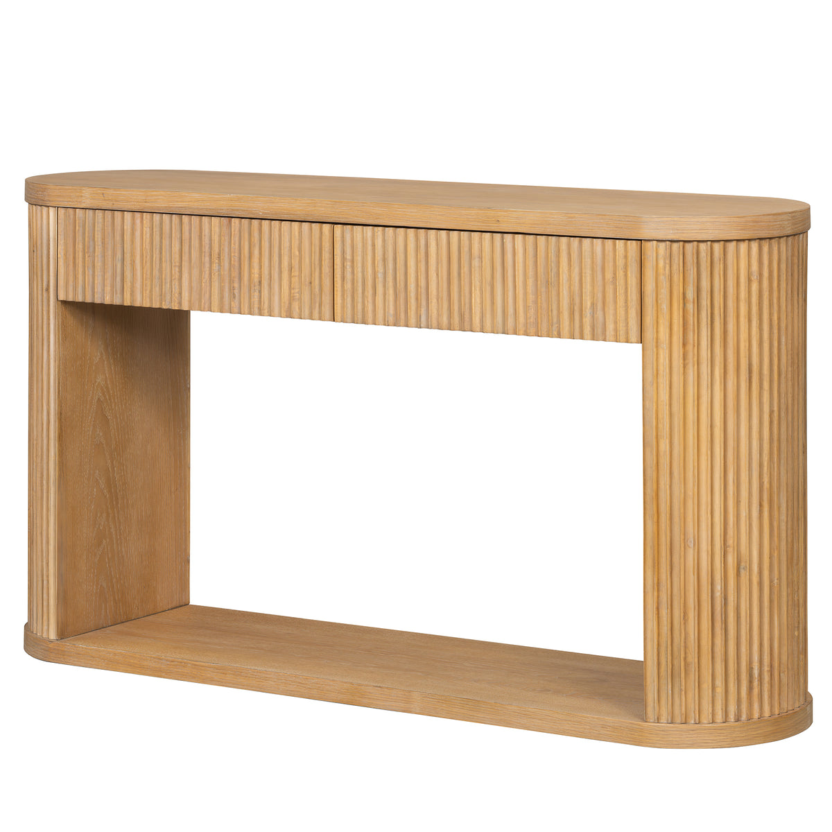 Natural Oval Fluted Entryway Console Table, 2 Drawers, 53 in Wide
