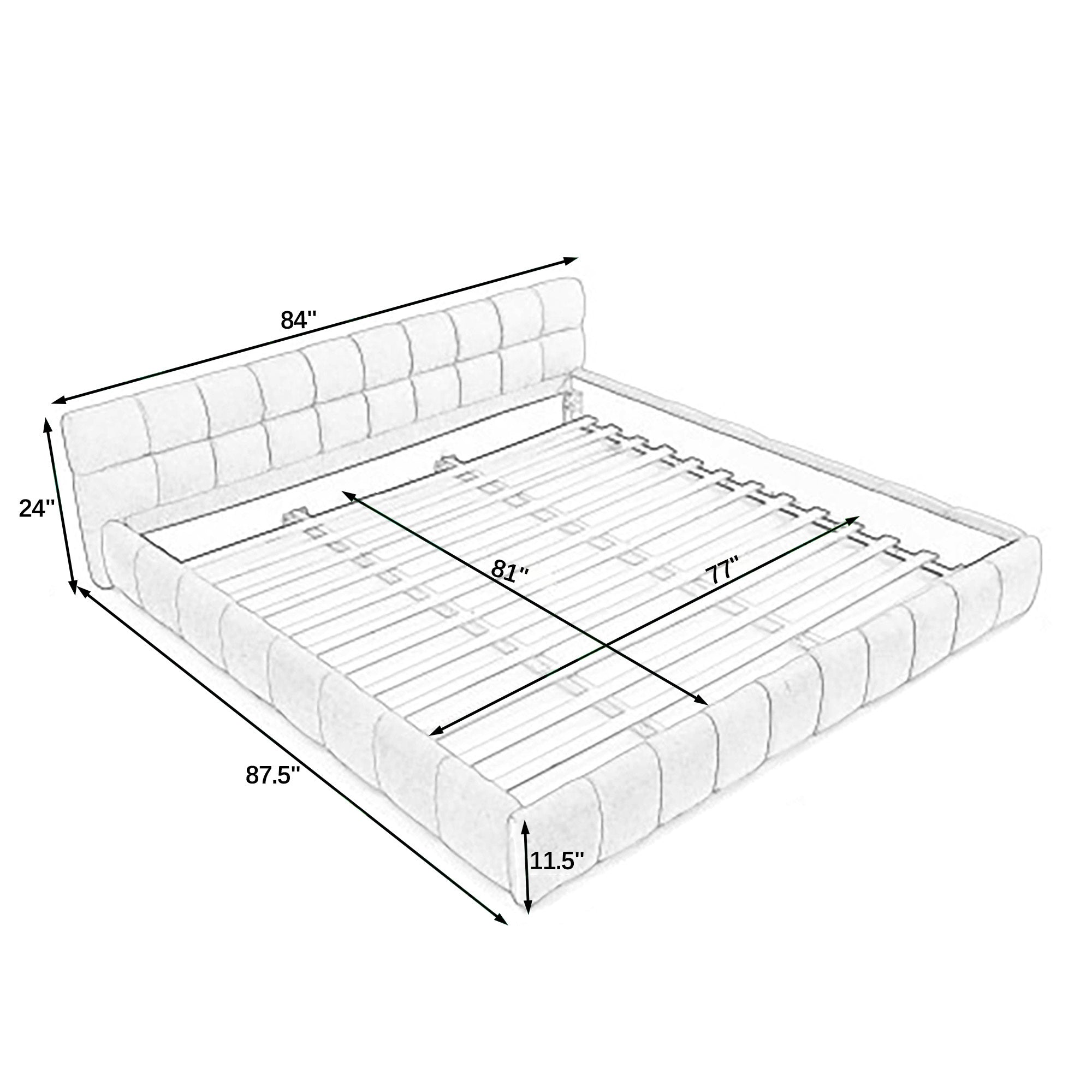 Line drawing of king bed frame dimensions, 87.5 by 84 by 24 inches