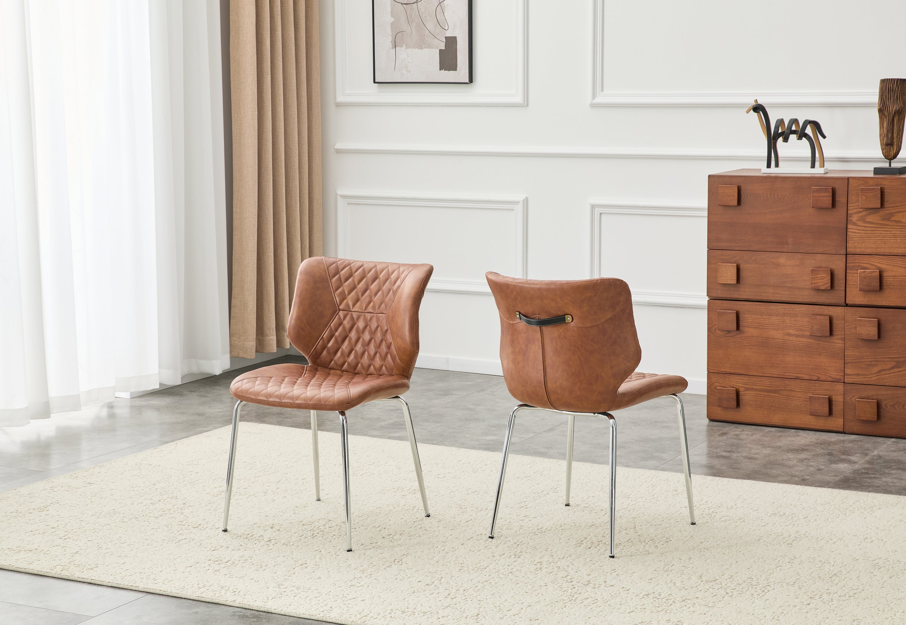 Vegan Leather Dining Chairs Set of 2, Brown Diamond-Tufted