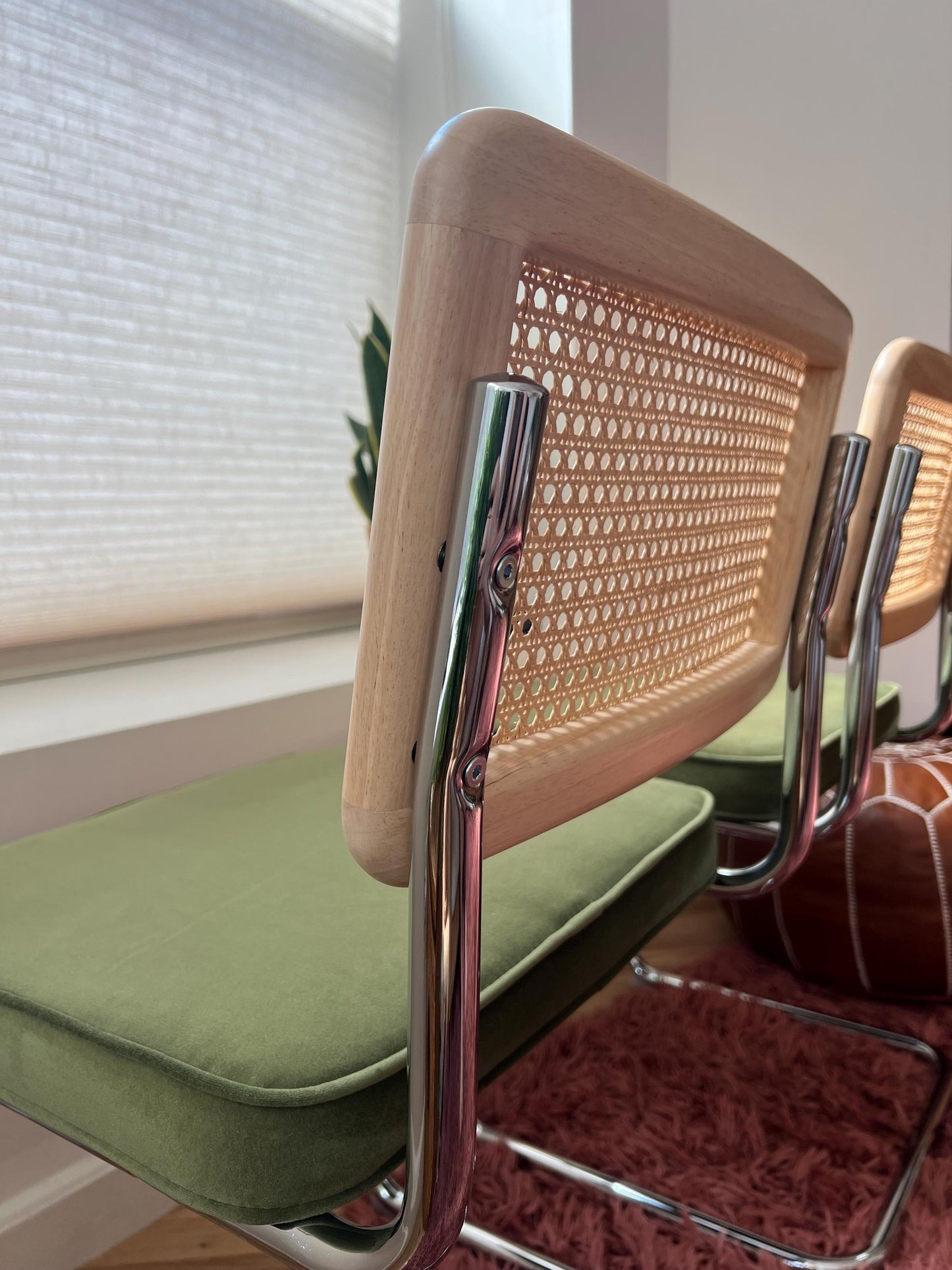 Midcentury Modern Dining Chair Set of 2 - Green Velvet with Rattan Accents