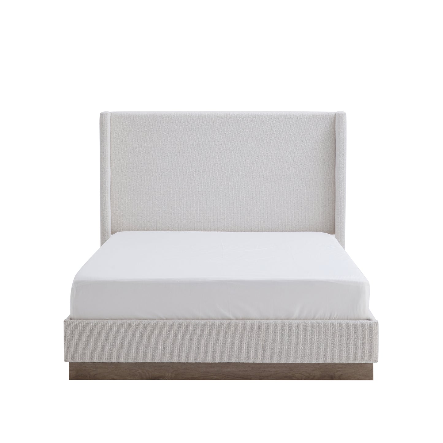 Angled studio shot of cream wingback bed frame