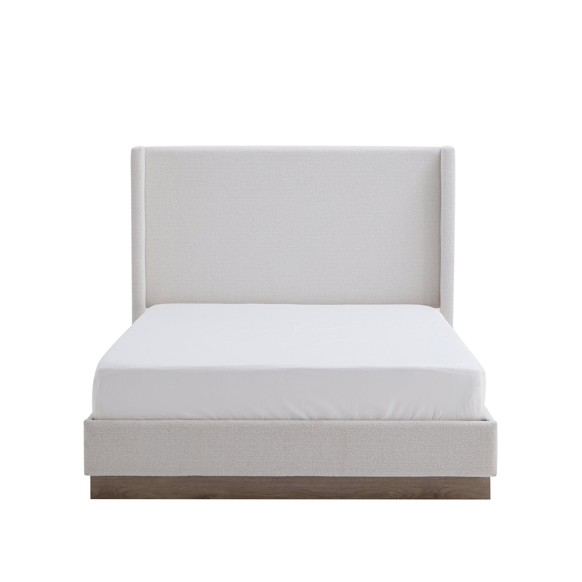 Angled studio shot of cream wingback bed frame