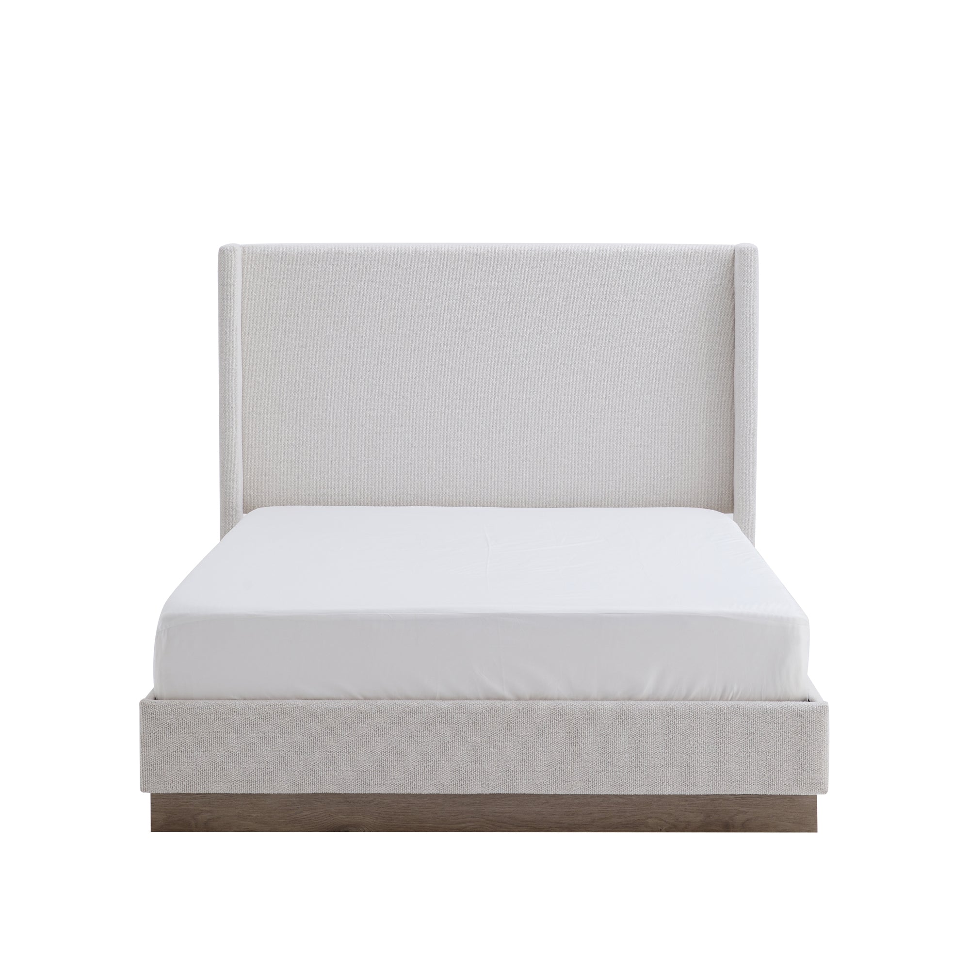 Angled studio shot of cream wingback bed frame