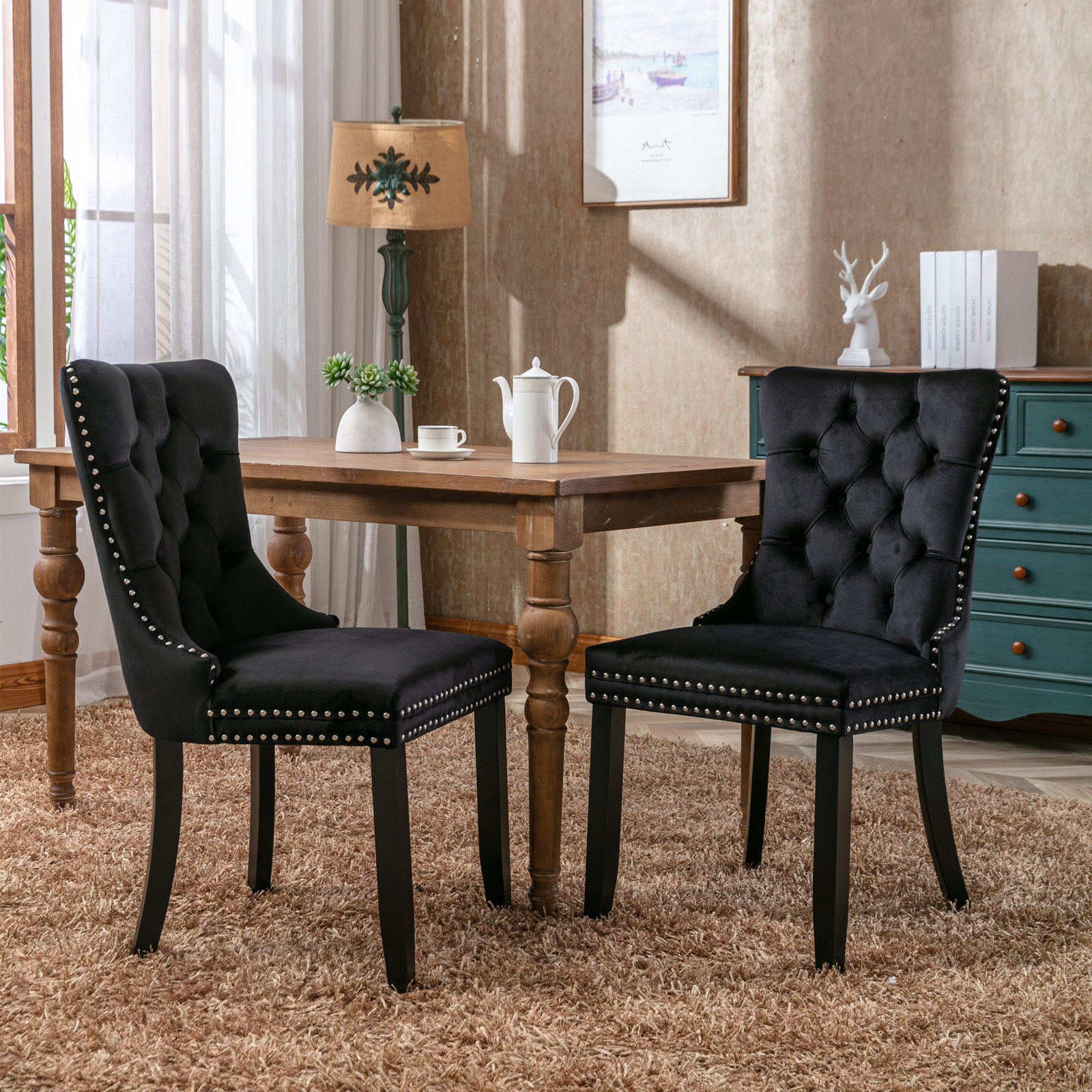 Velvet Dining Chairs Set of 2, Black Tufted Wingback with Nailhead