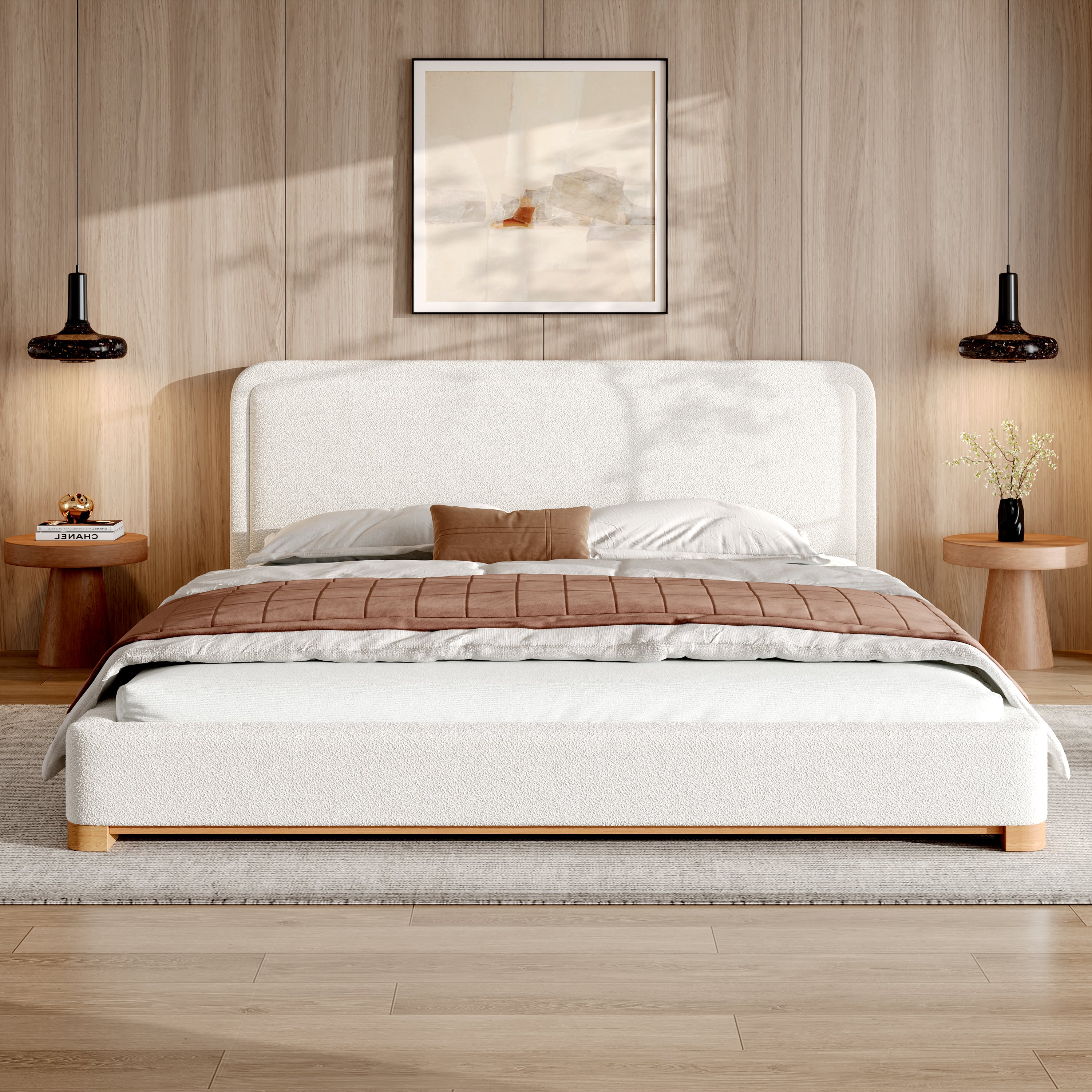 California King Bed Frame with Curved Boucle Headboard, White