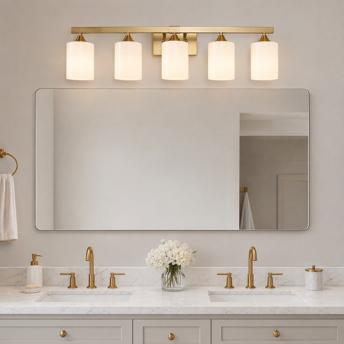 Vanity Light, 5-Light Iron, Glass Shade, Gold