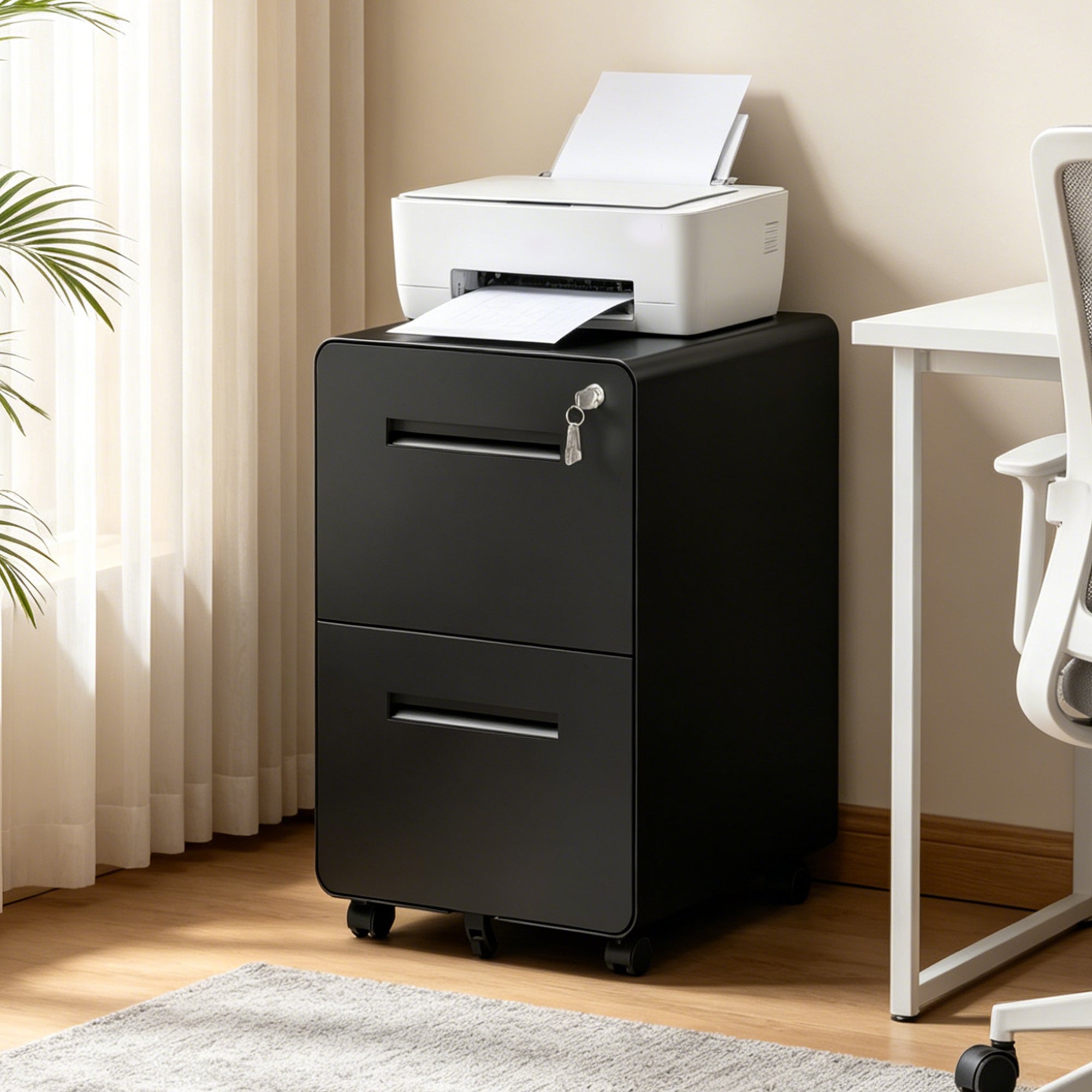 Rolling File Cabinet with Drawers and Lock, 17.7 in, Black