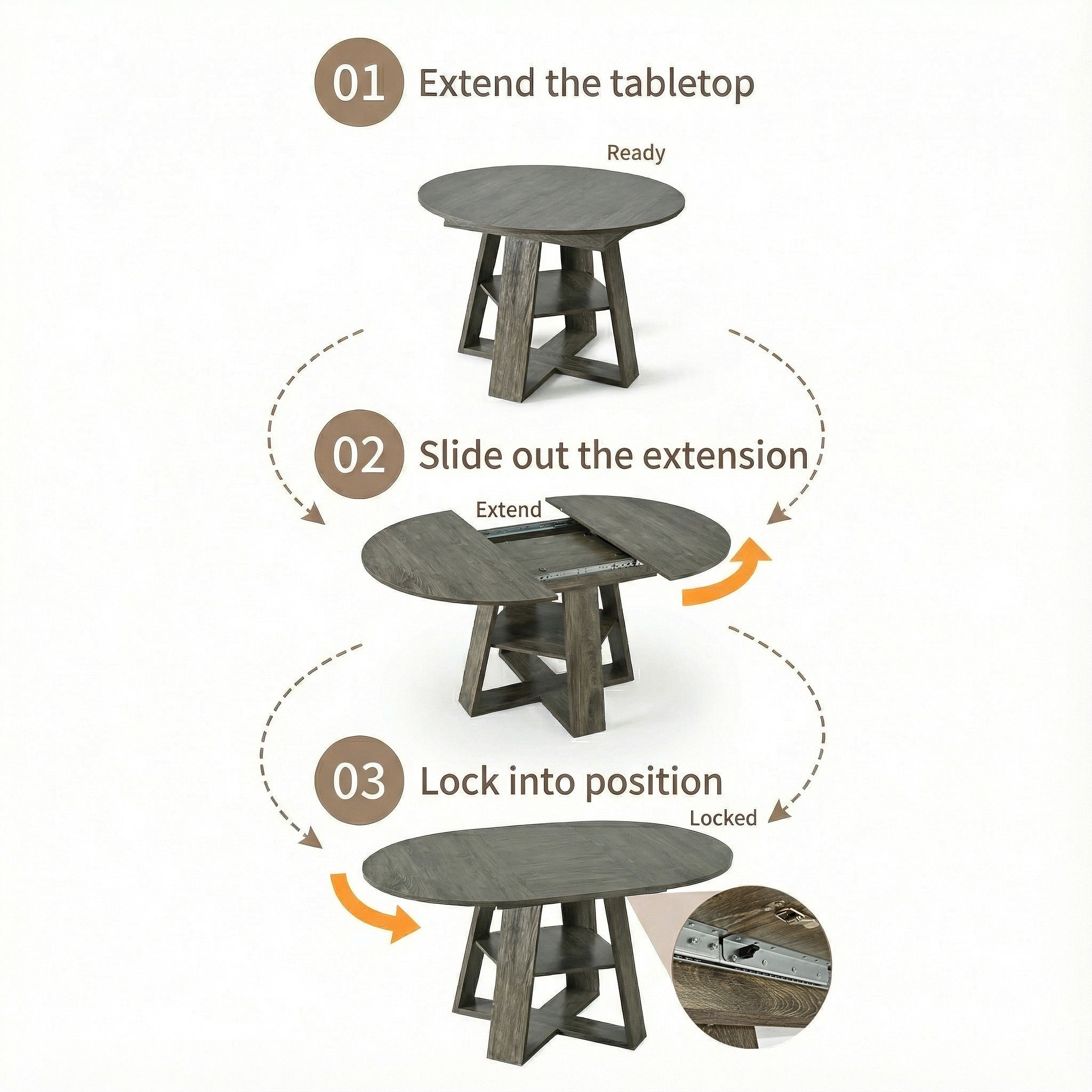 Feature graphic showing the three-step extension: extend, slide out, lock