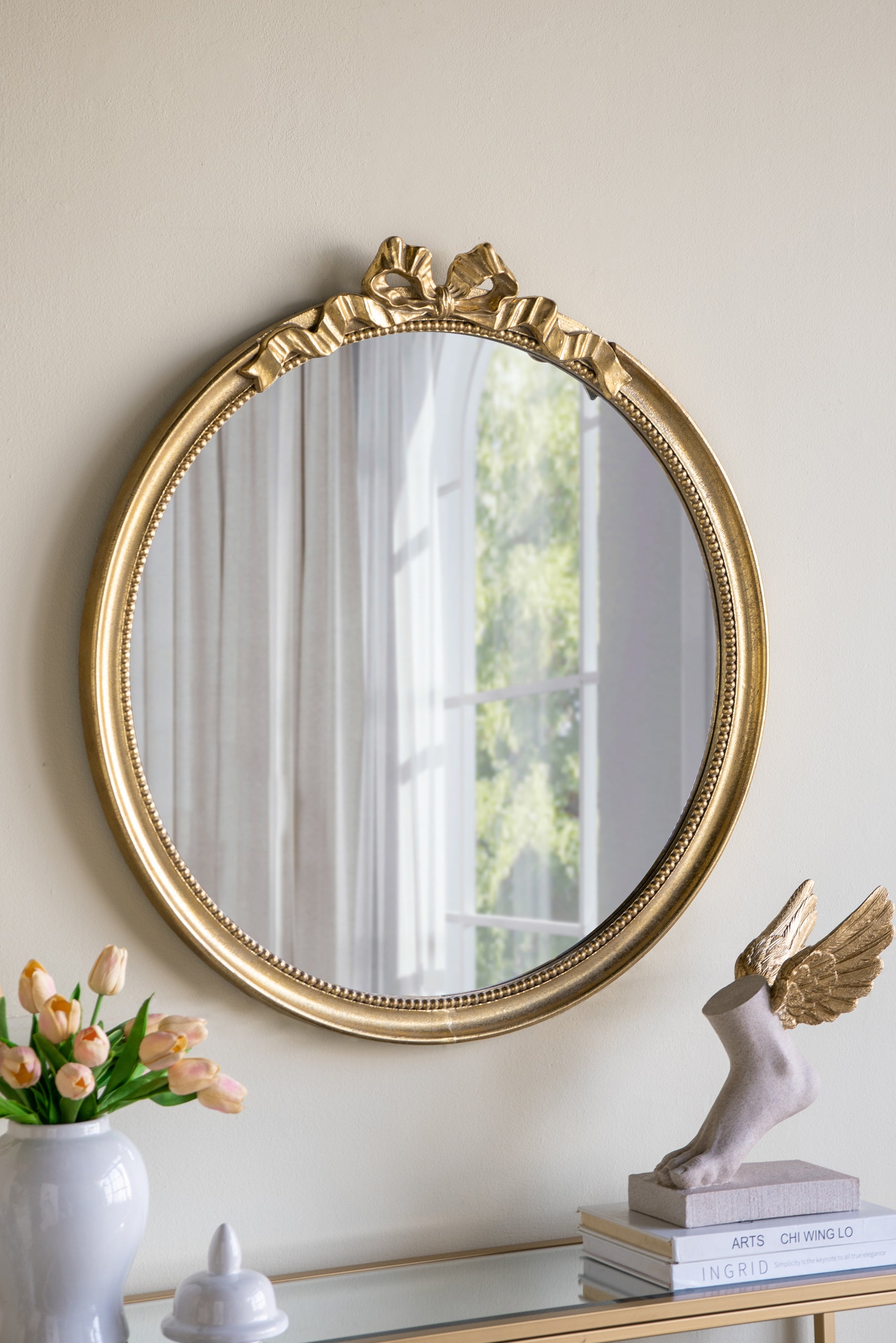 Round Gold Accent Mirror, 30 in Wide with Scrollwork Crown