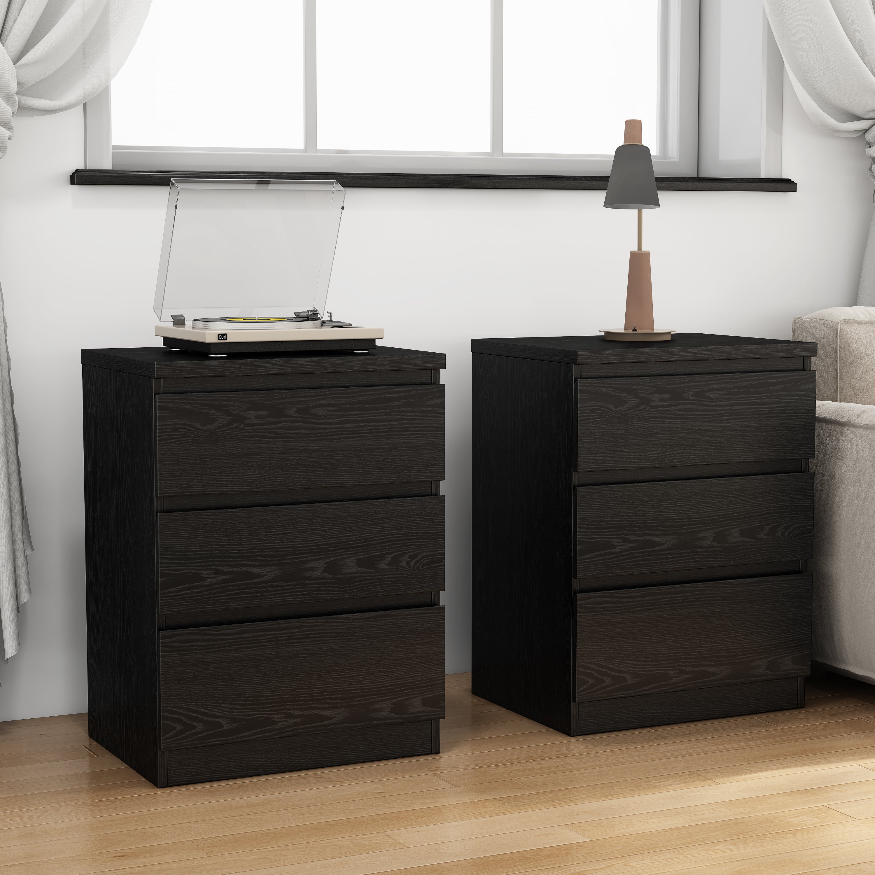 Black 3 Drawer Nightstand Set of 2, Handle-Free
