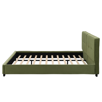 Olive green velvet king bed frame, side profile showing low block feet