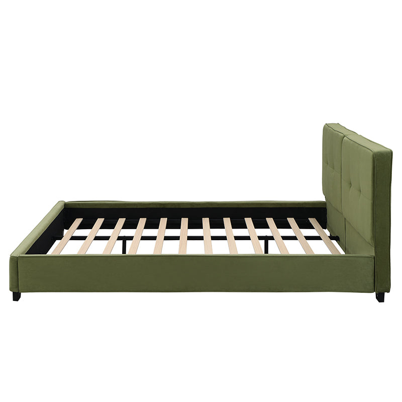 Olive green velvet king bed frame, side profile showing low block feet