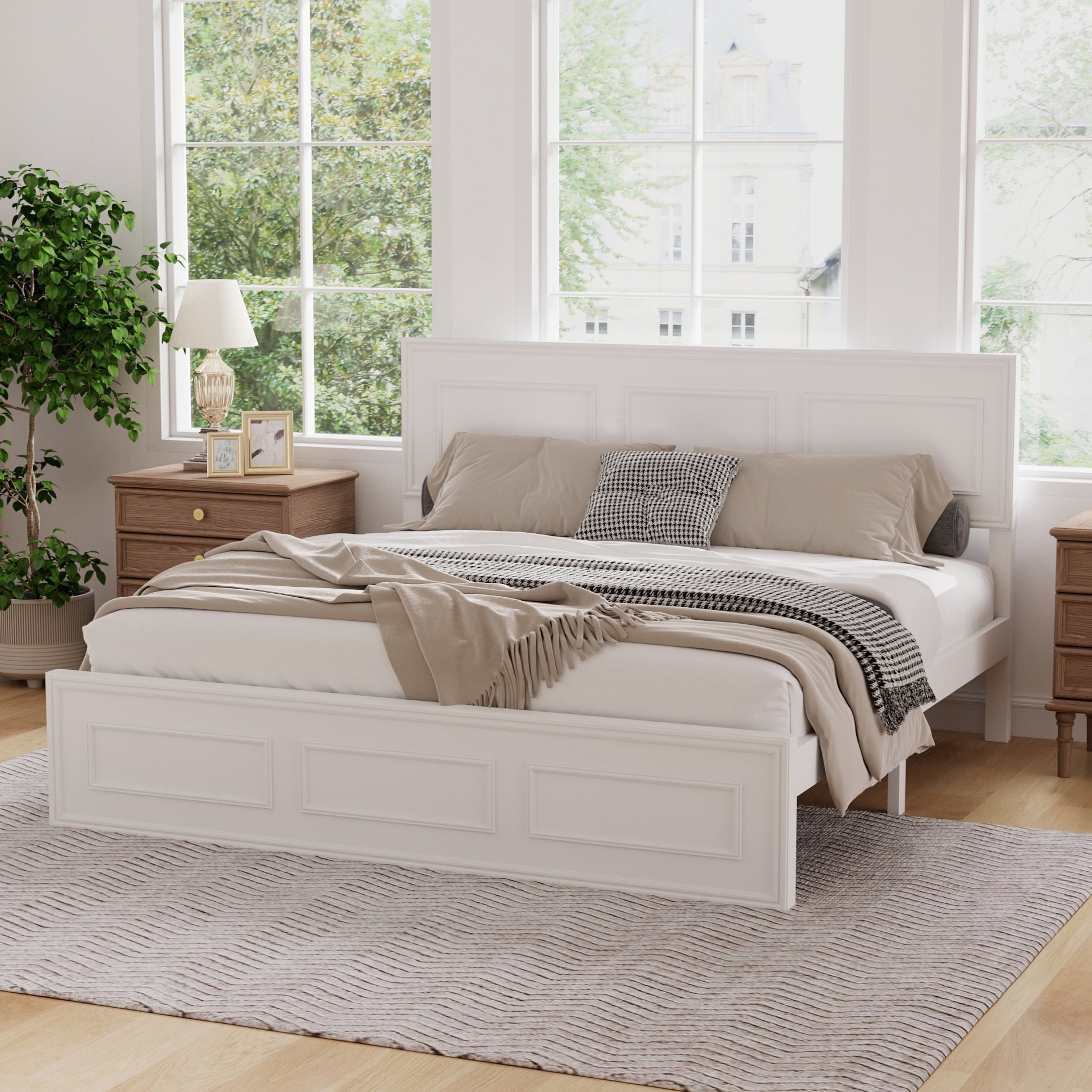 White queen bed frame with panel headboard and footboard in a bright bedroom, houndstooth throw across the bed #Color_White