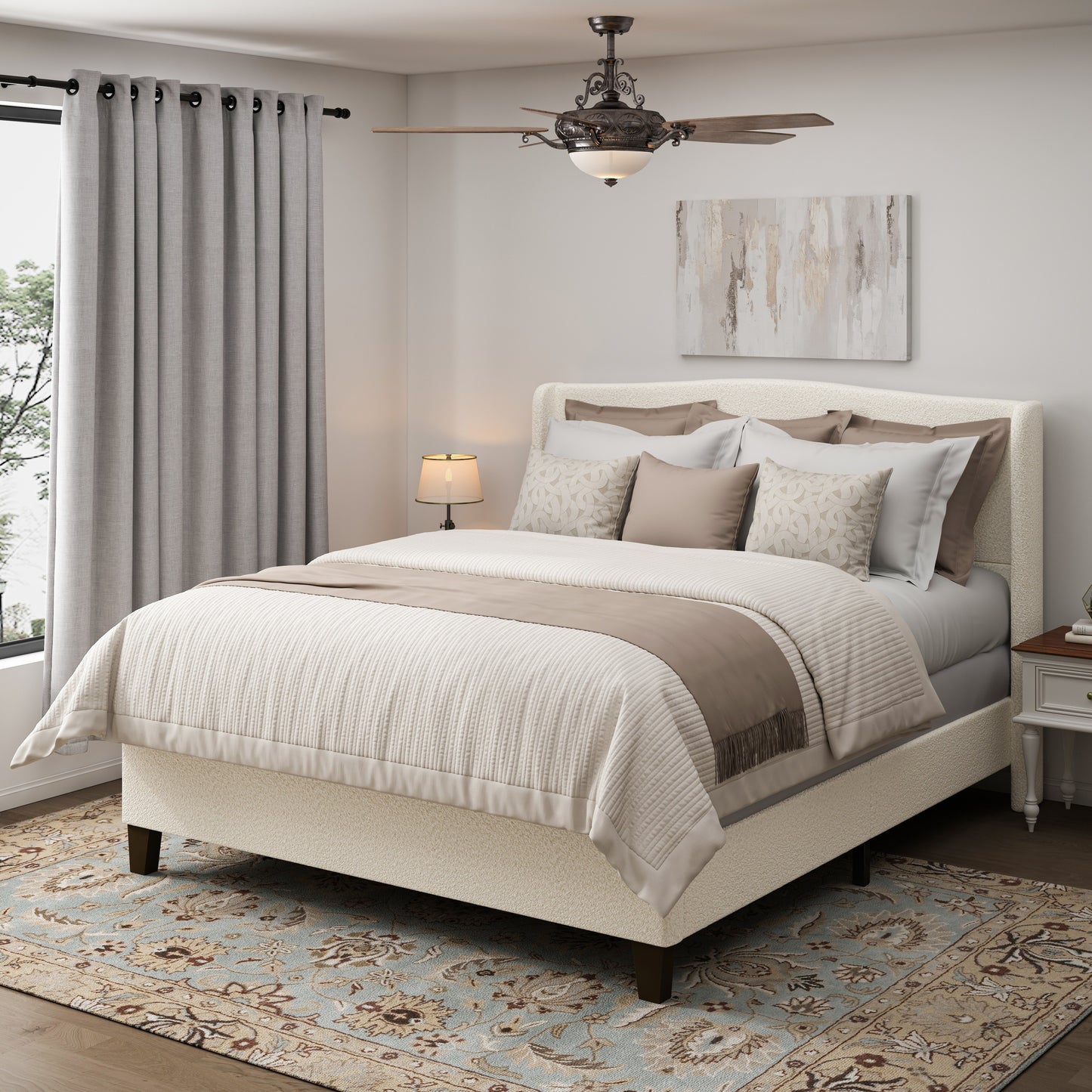 White teddy velvet king bed styled in a bedroom with a ceiling fan overhead