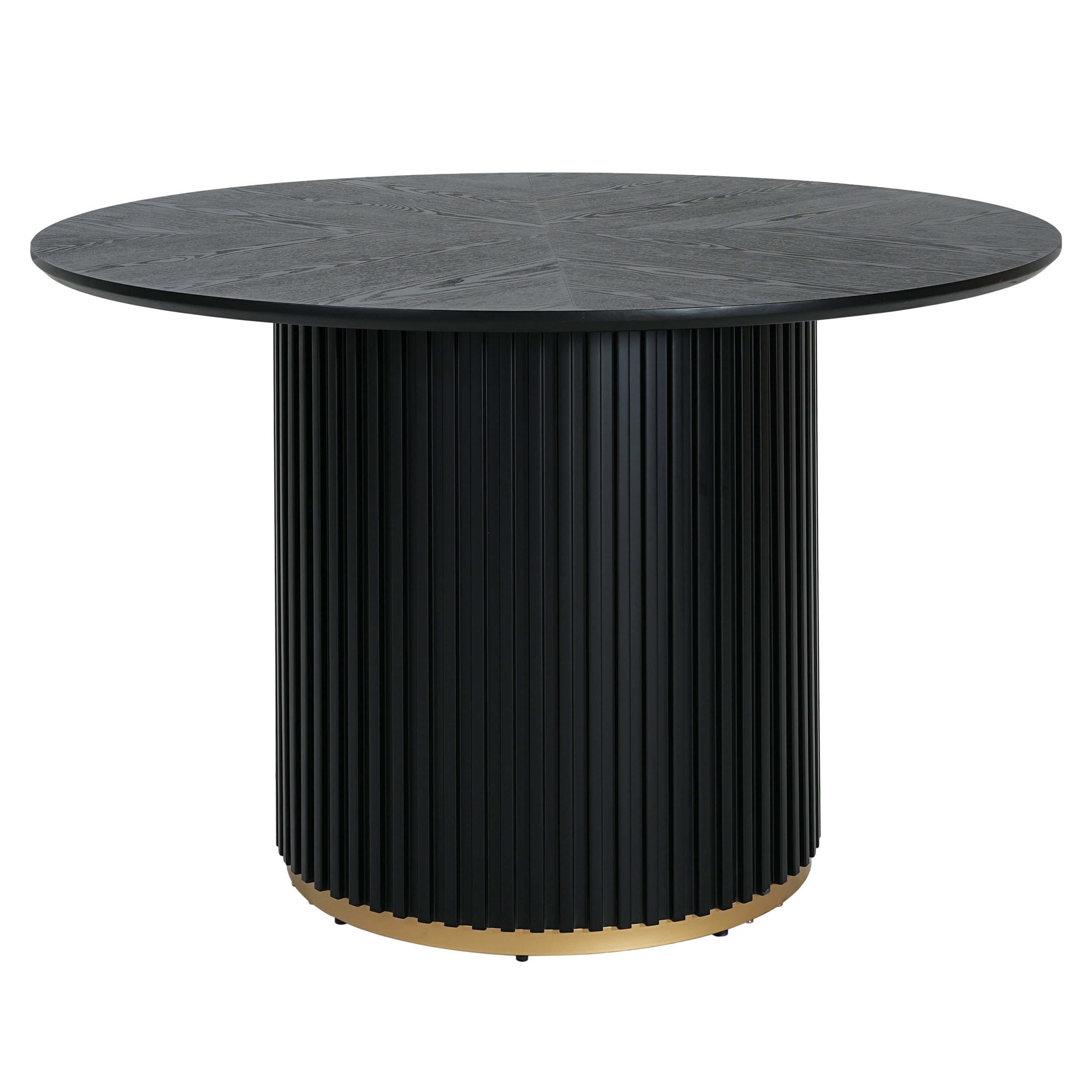 Front elevation studio view of the black round pedestal dining table