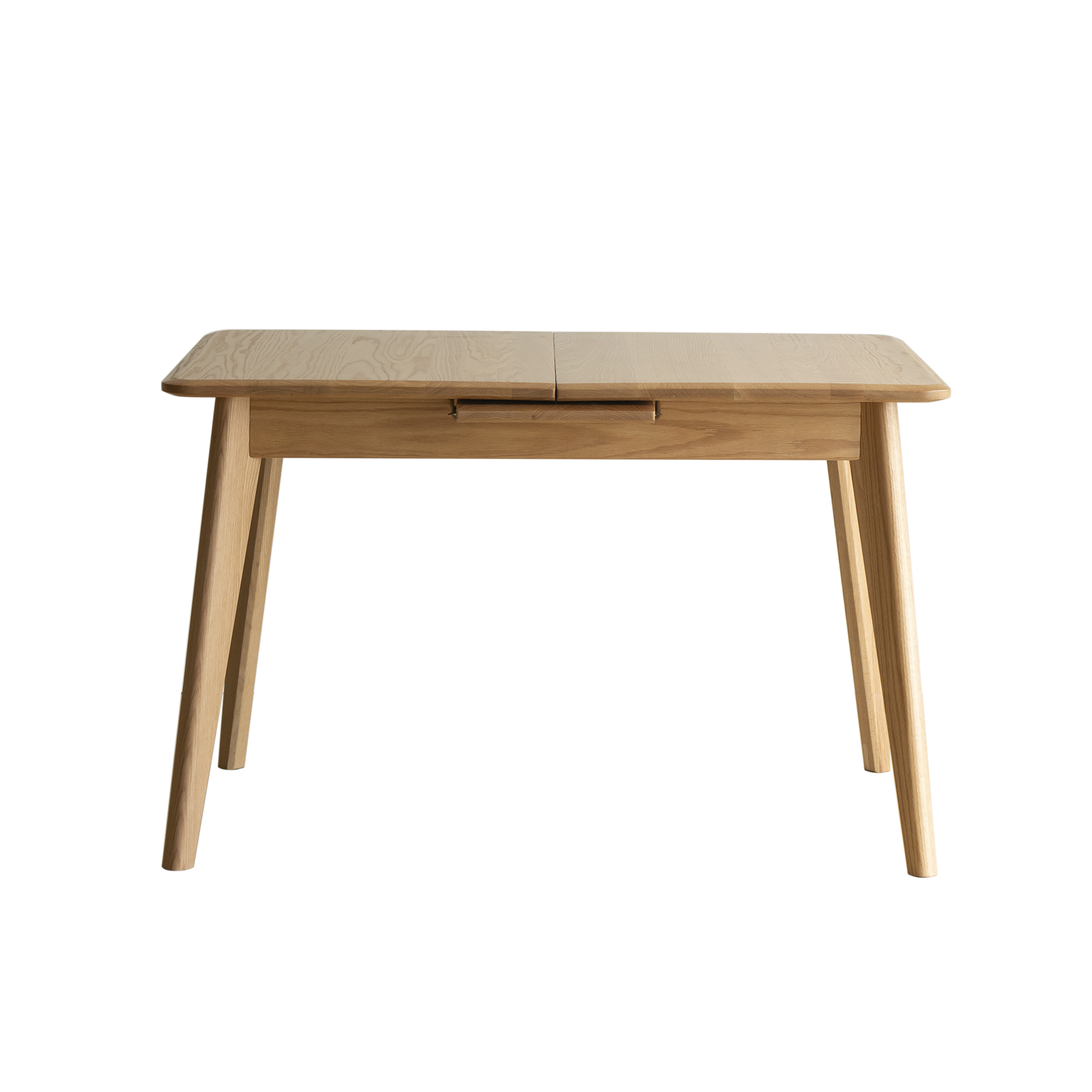 Front view of the natural oak extendable dining table on a white background