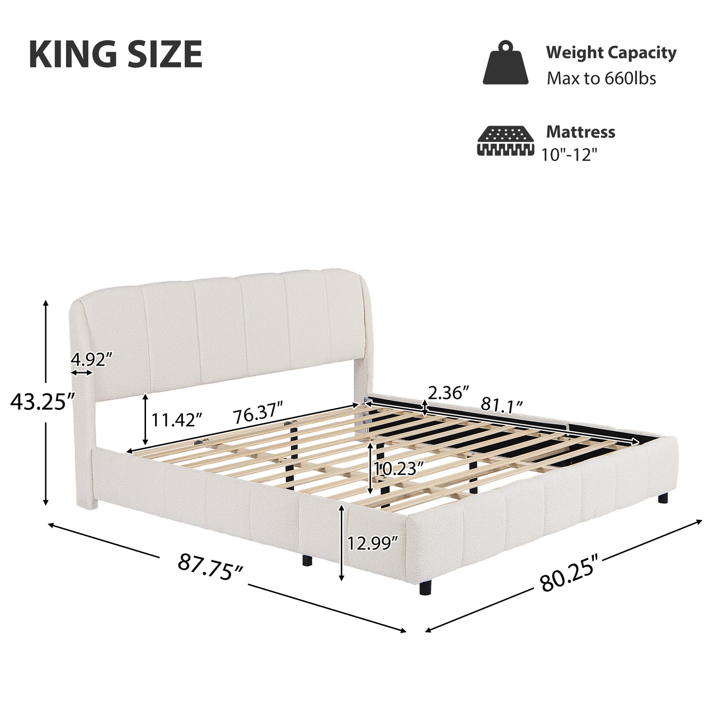 Diagram of king bed frame showing 87.75 by 80.25 by 43.25 inch dimensions