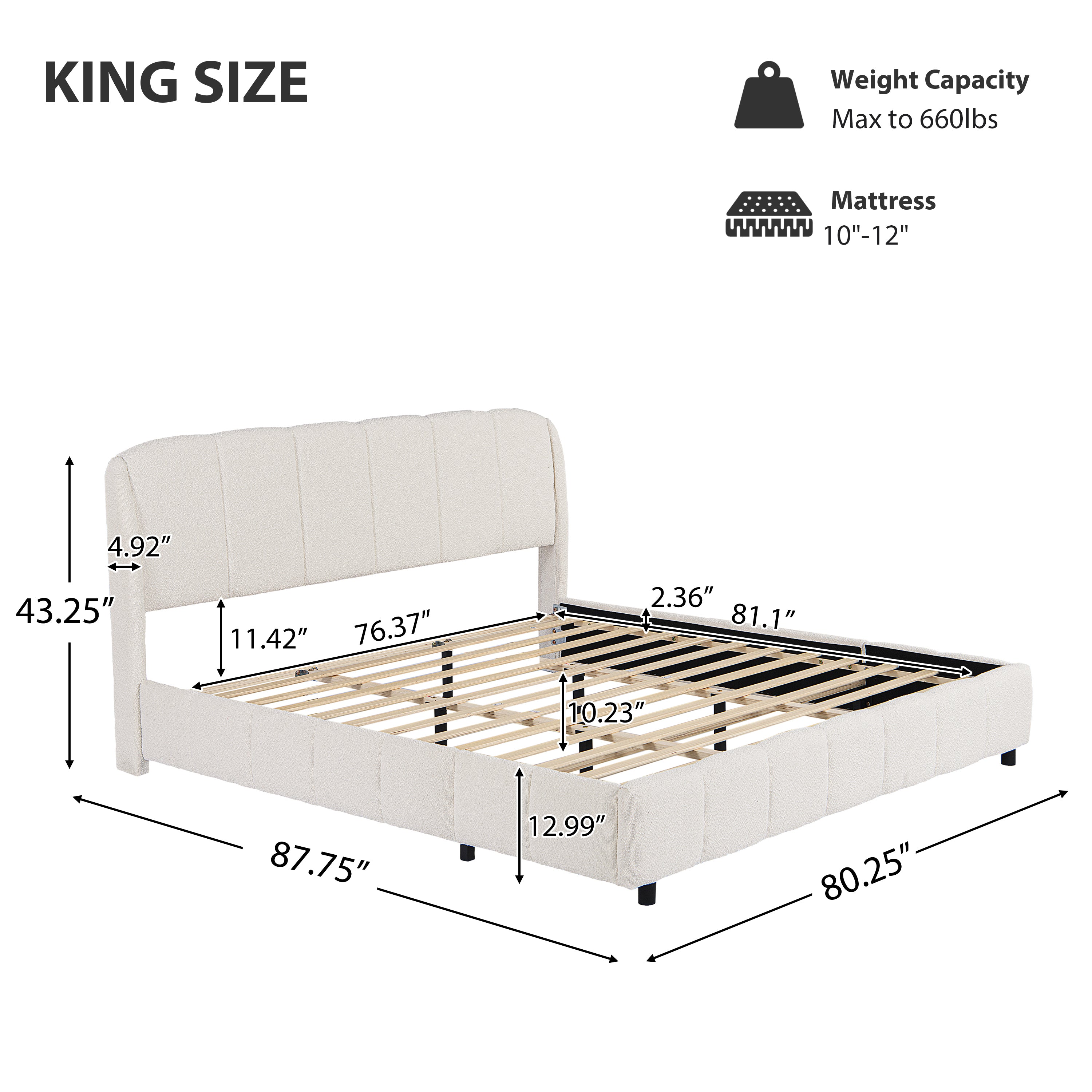 Diagram of king bed frame showing 87.75 by 80.25 by 43.25 inch dimensions