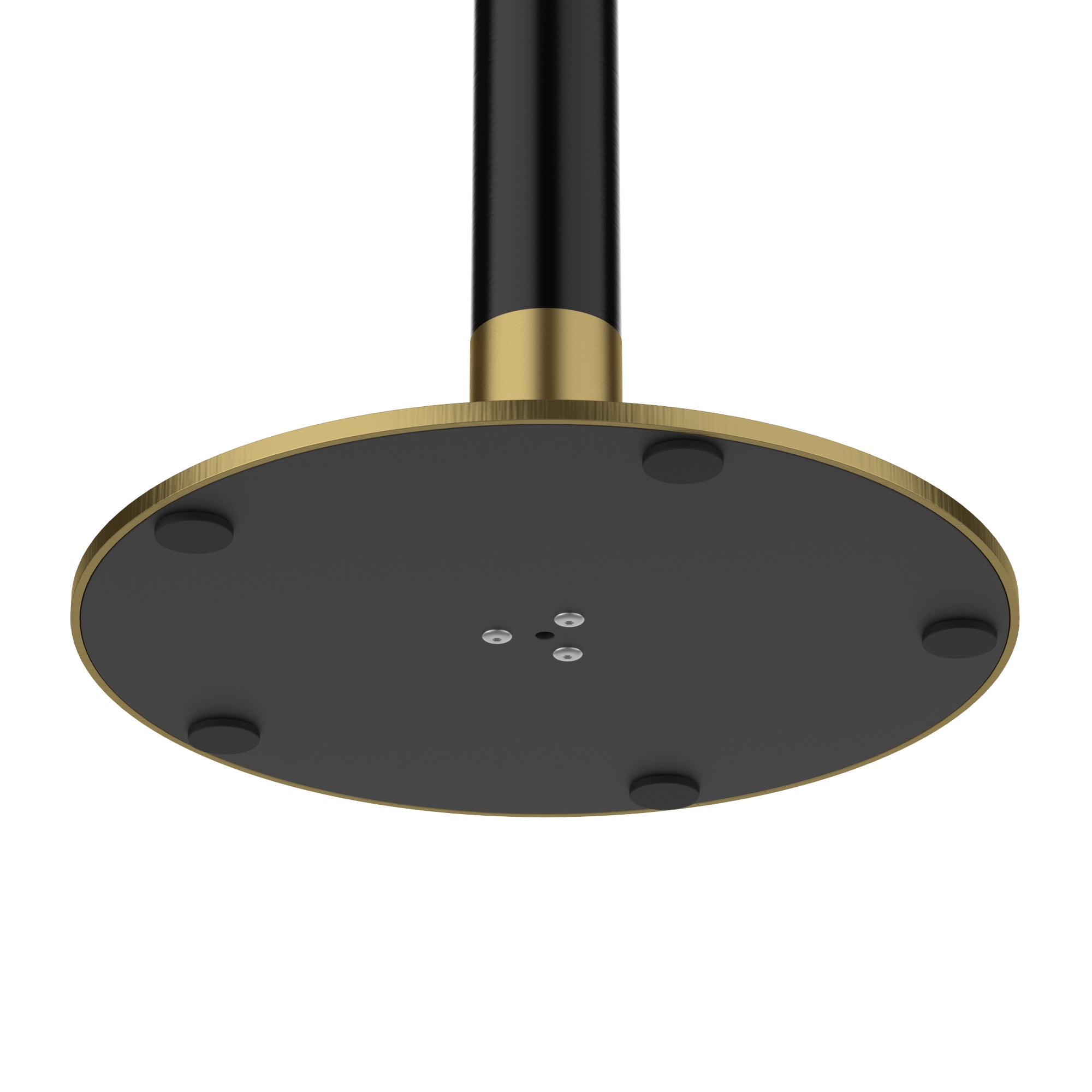 Underside view of the round table base plate with mounting hardware and non-slip pads