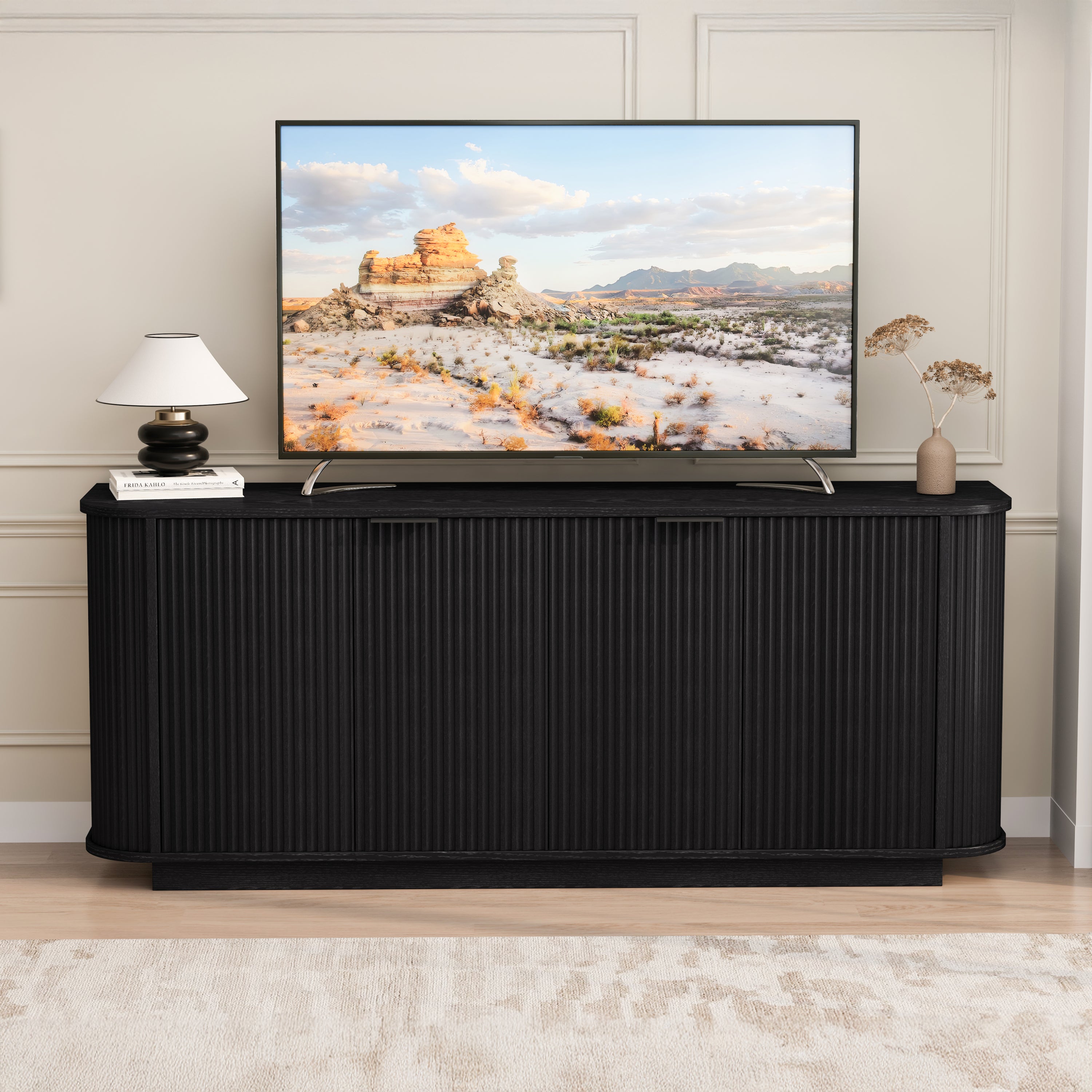 Fluted Black Sideboard Buffet, 63'' 4-Door Curved Cabinet