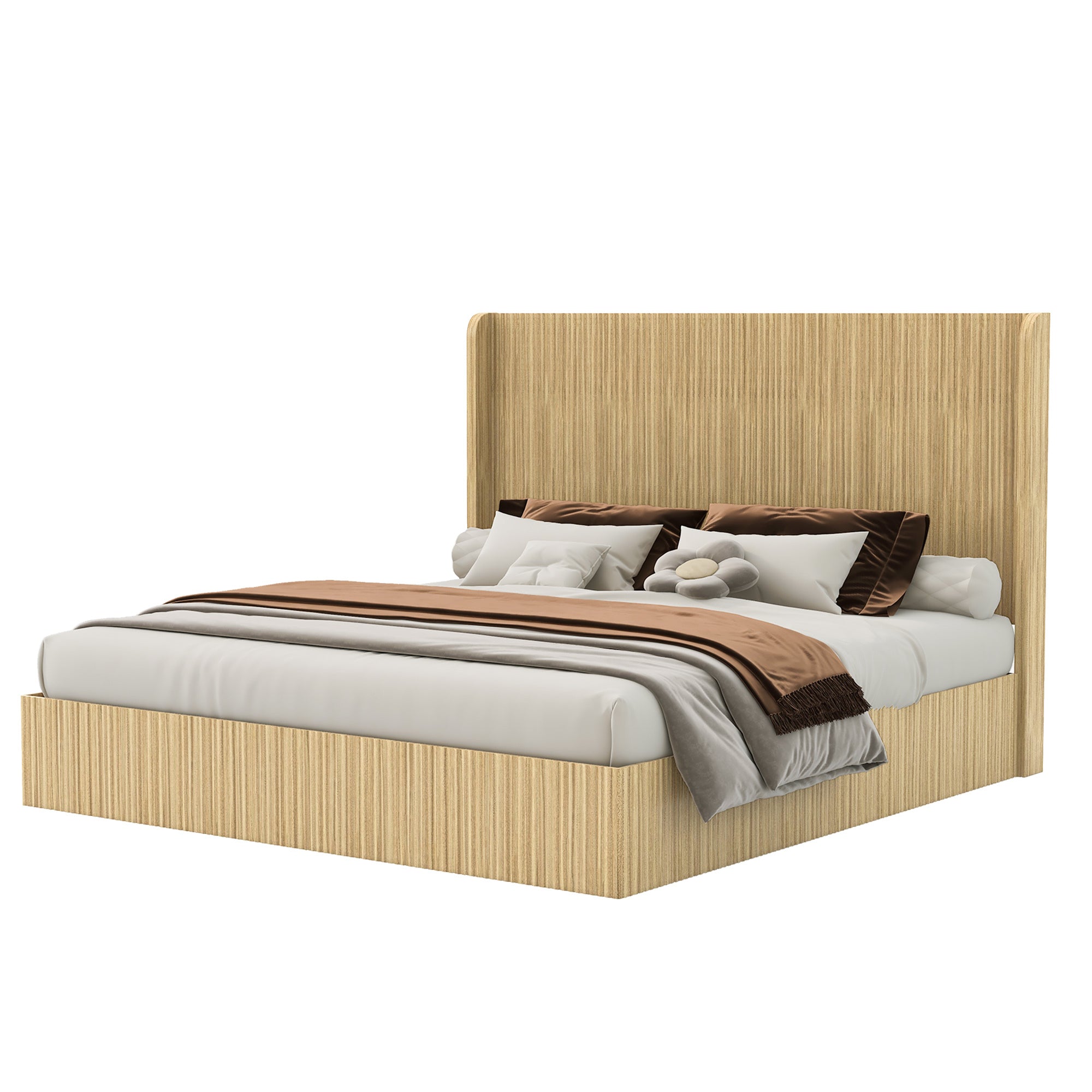 Natural wood king bed frame on white background, three-quarter angle