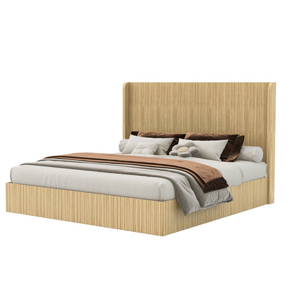 Natural wood king bed frame on white background, three-quarter angle