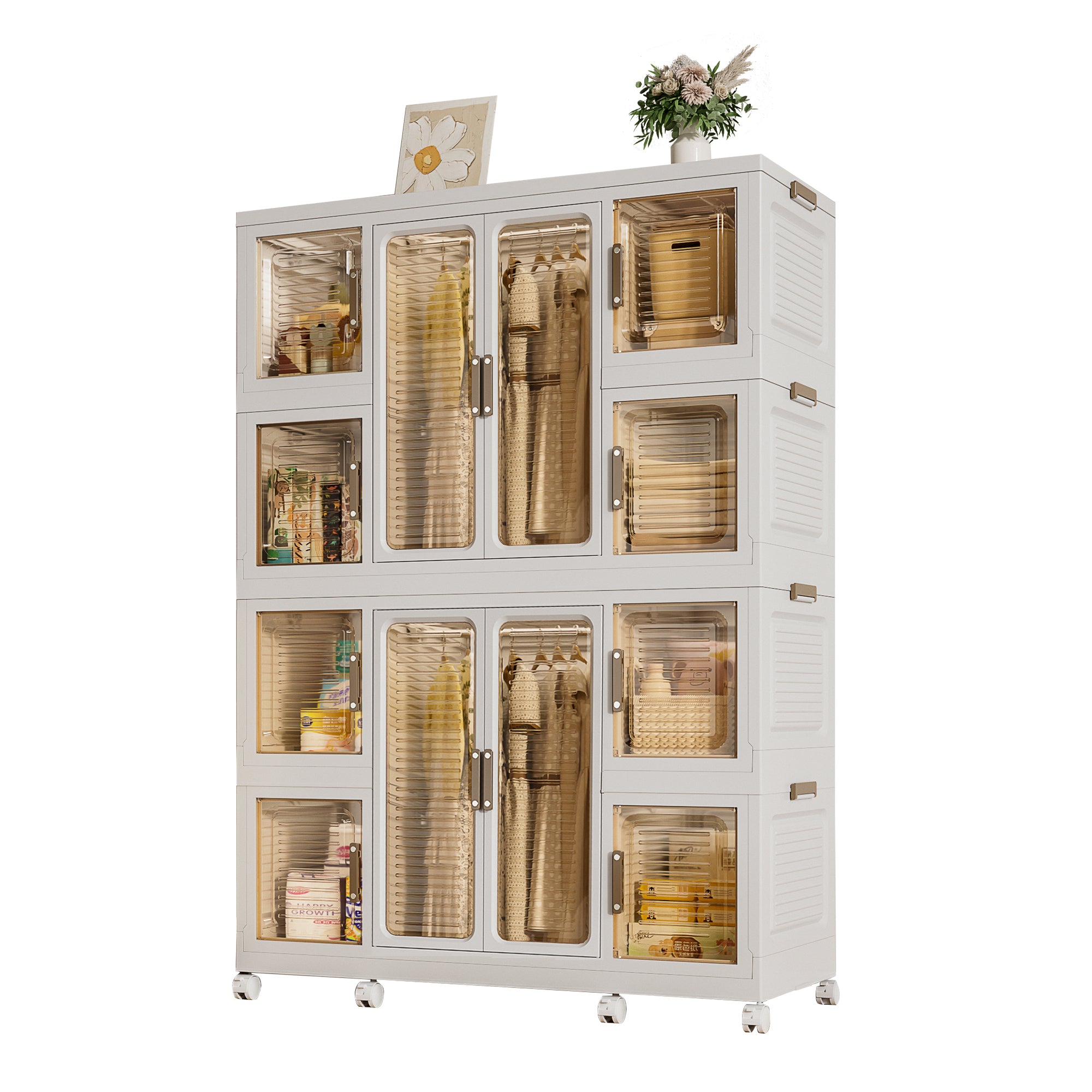 Portable Wardrobe Closet with 12 Cubes and 2 Hanging Rods, White
