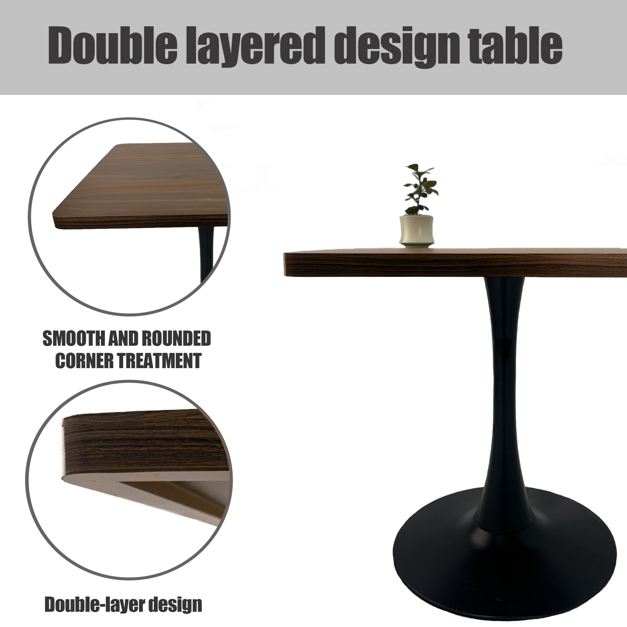 Feature graphic of the walnut tulip table with close-ups of the rounded corner and double-layer edge