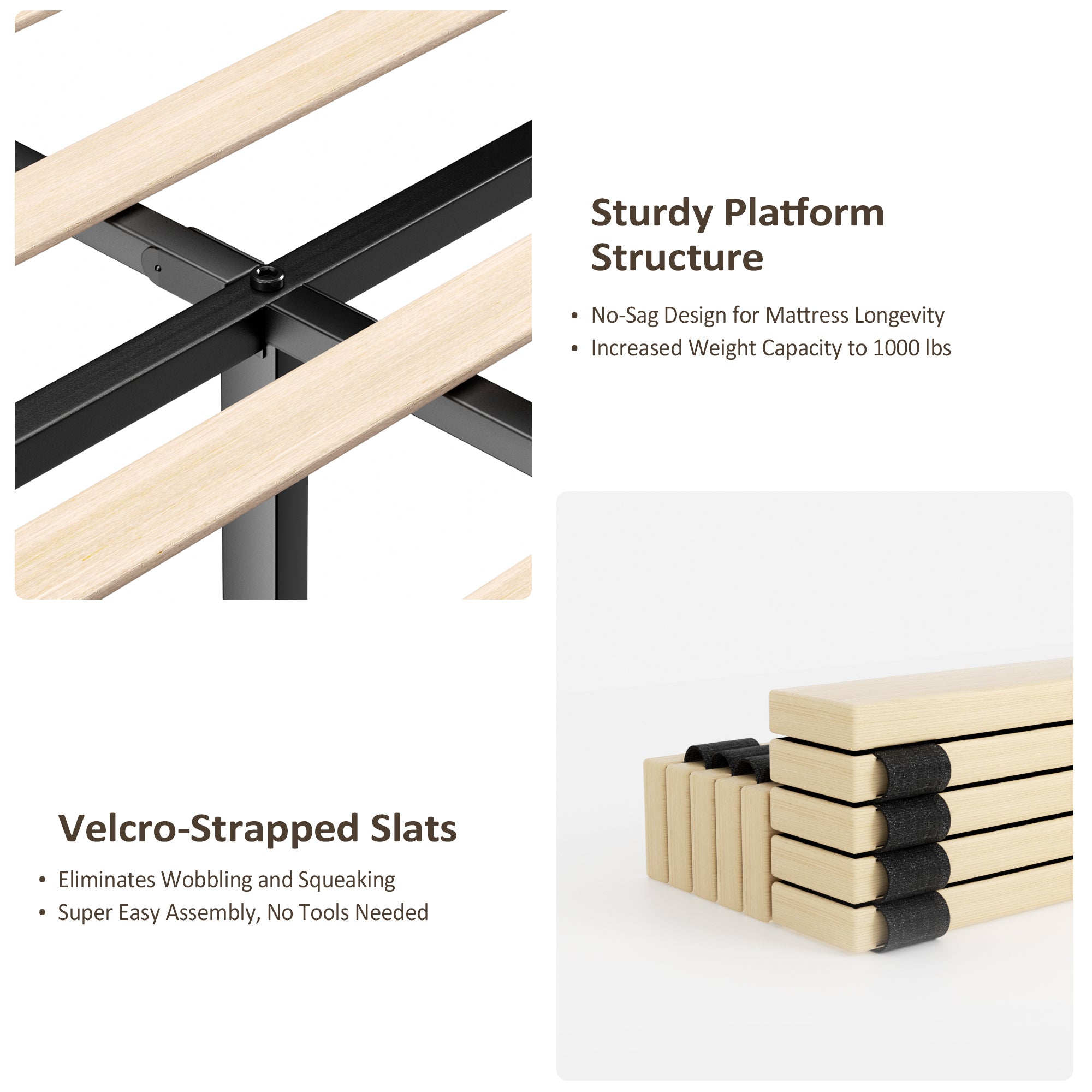 Close-up of wood slats and steel frame joints on the platform bed base