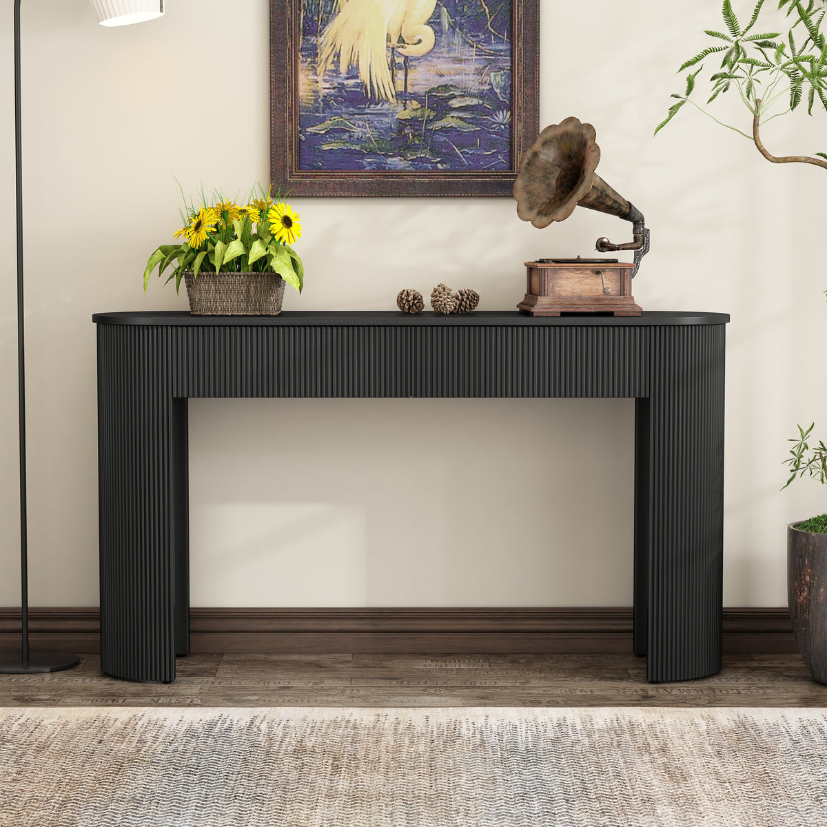 Black Oval Fluted Entryway Console Table, 2 Drawers, 54 in Wide