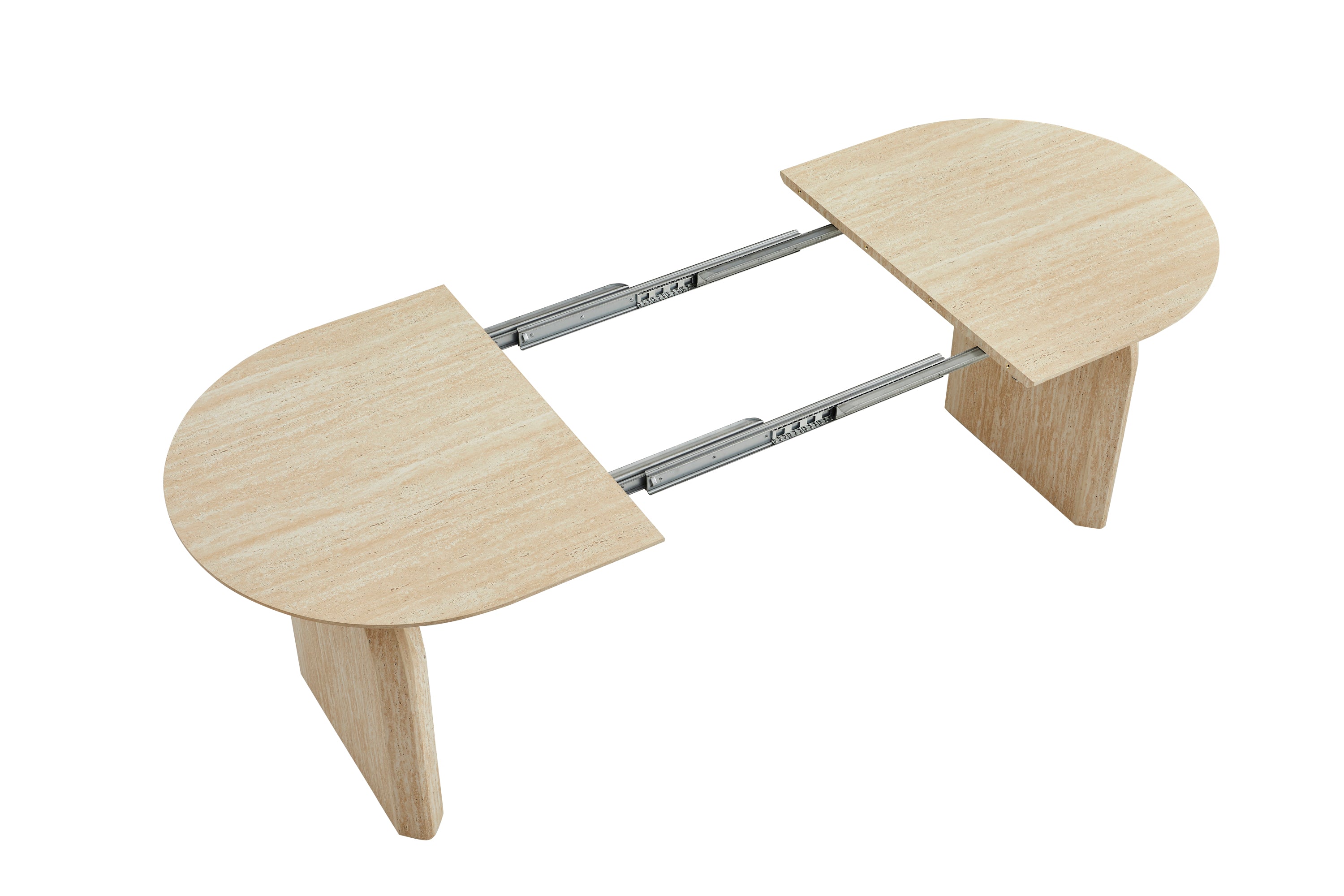 Studio view of the oval table pulled apart showing the metal extension slide rails