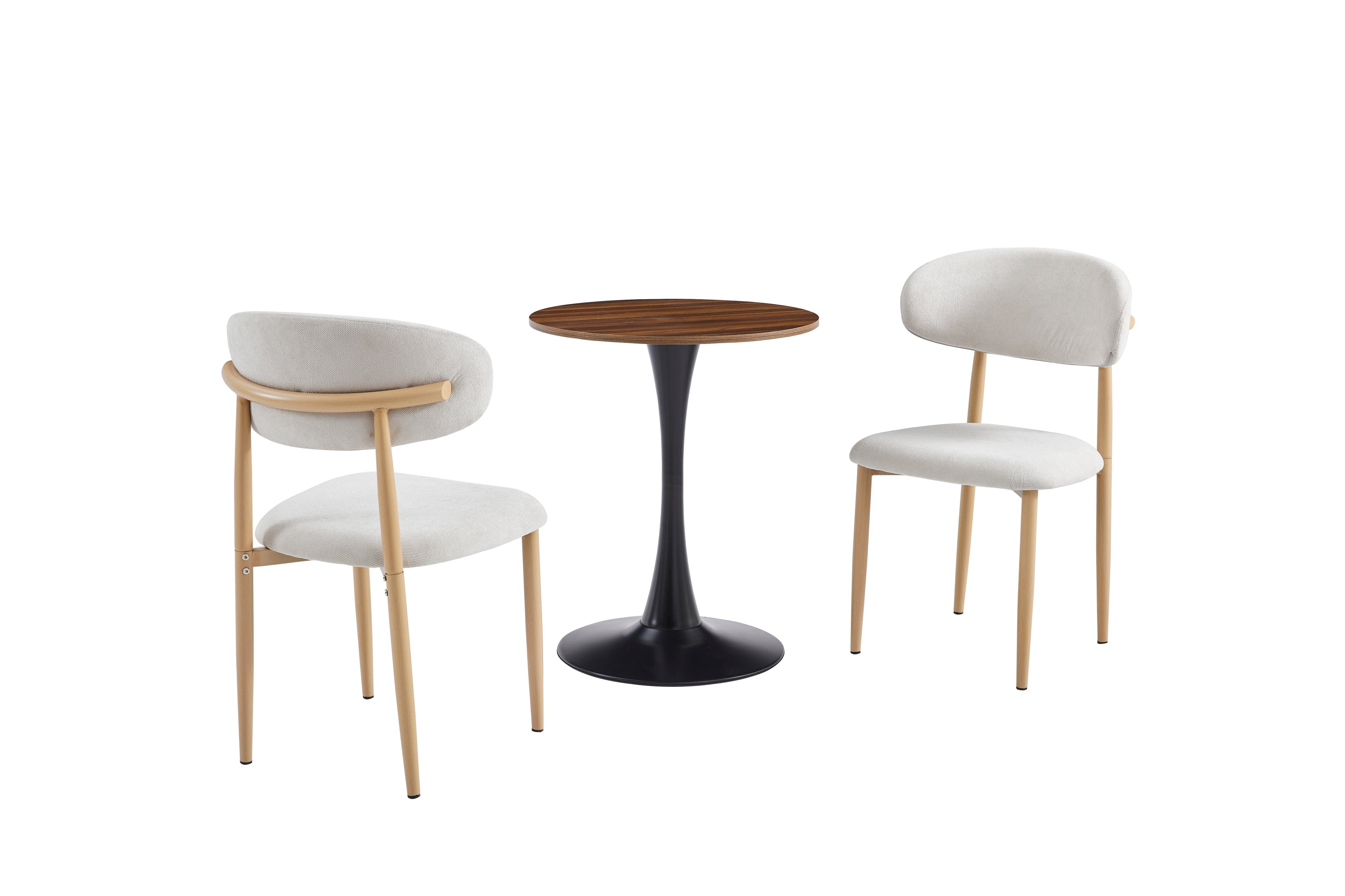 Studio shot of dark wood-grain round bistro table with two cream upholstered chairs