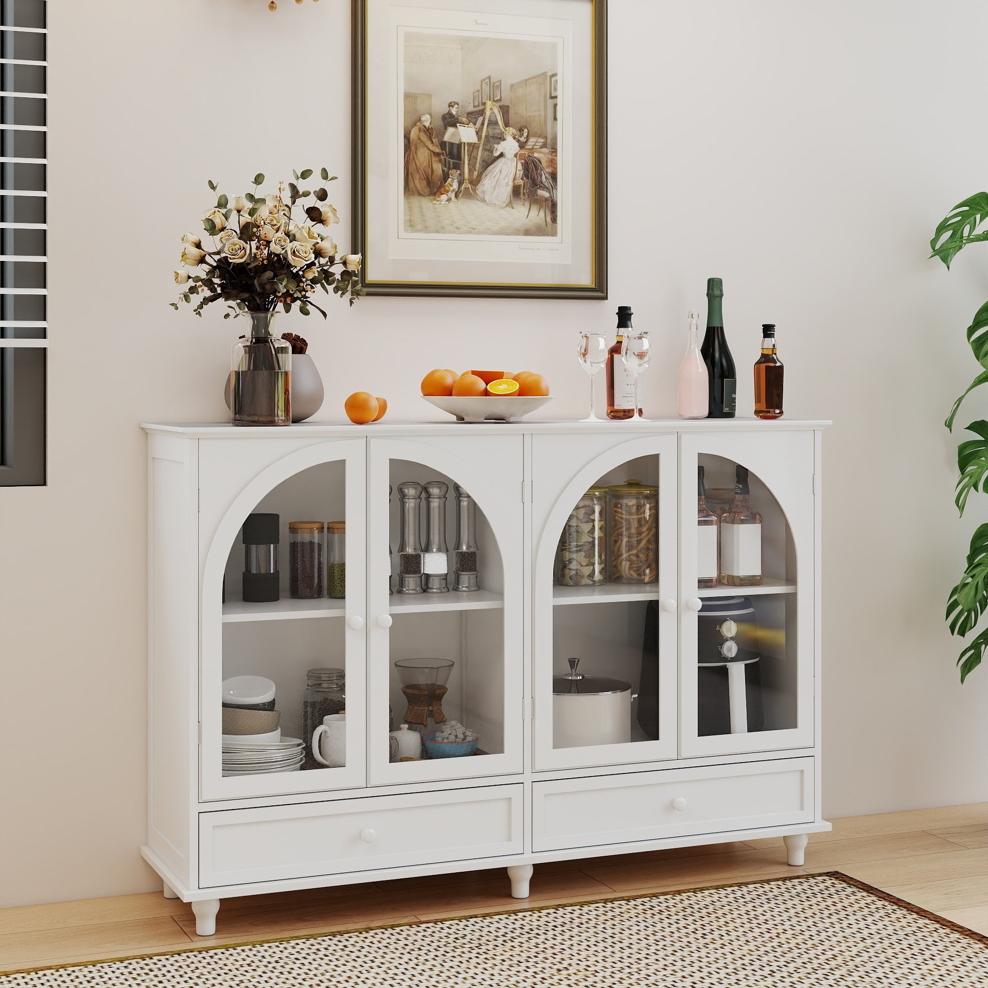 White Arched Glass Display Cabinet with 4 Doors and 2 Drawers