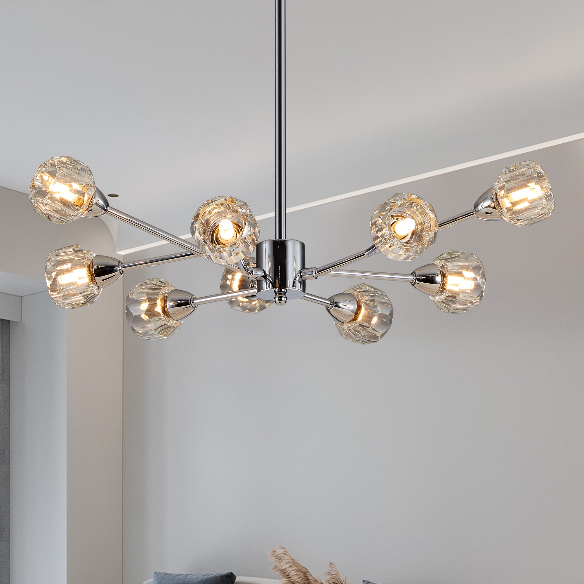 Chandelier, 9-Light Low-Profile Crystal, Chrome Finish