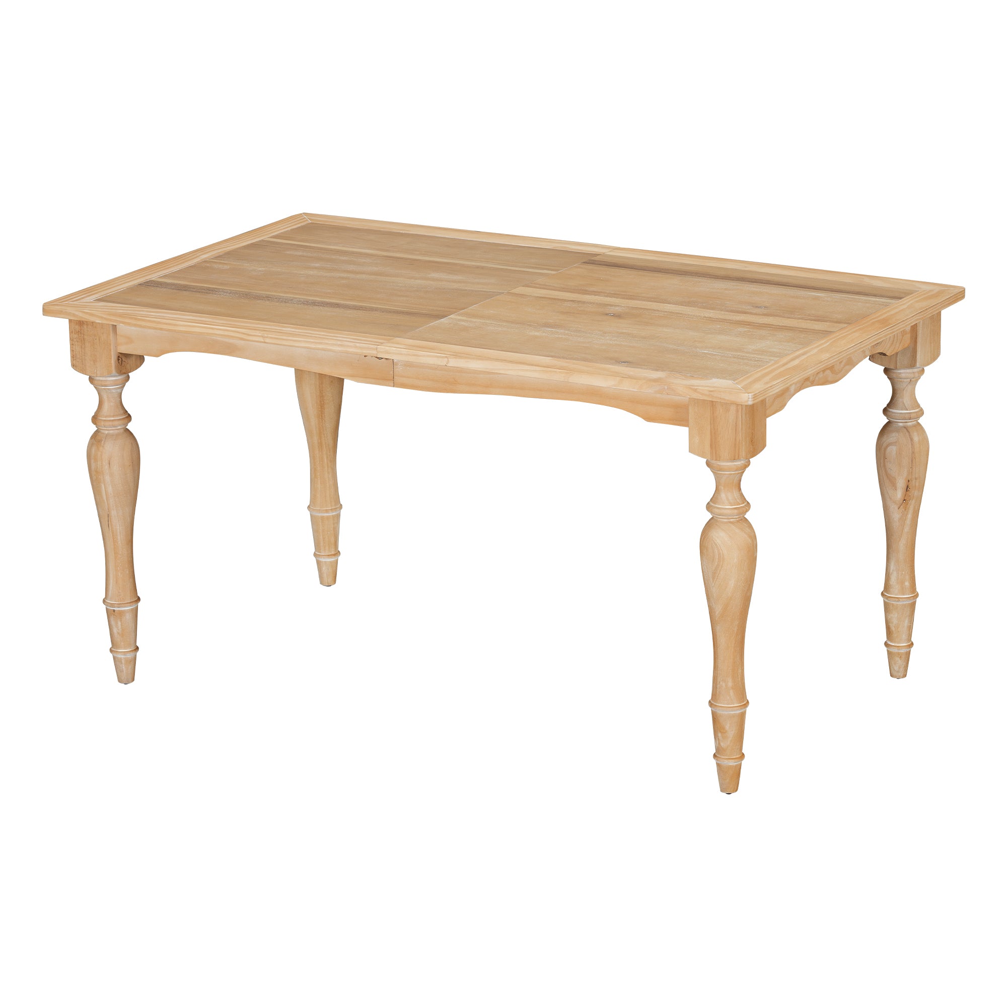 Angled studio view of the natural rubberwood dining table with turned legs on white background