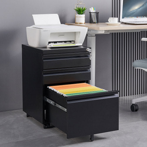 Rolling File Cabinet with Drawers and Lock, Filing Cabinet, 17.3 in, Black