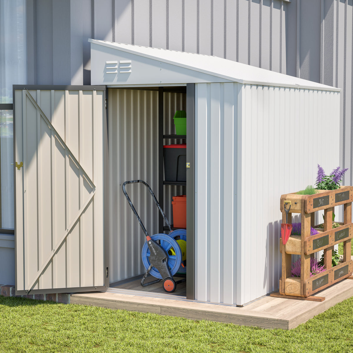 4x7 ft White Metal Lean-To Storage Shed with Lockable Door