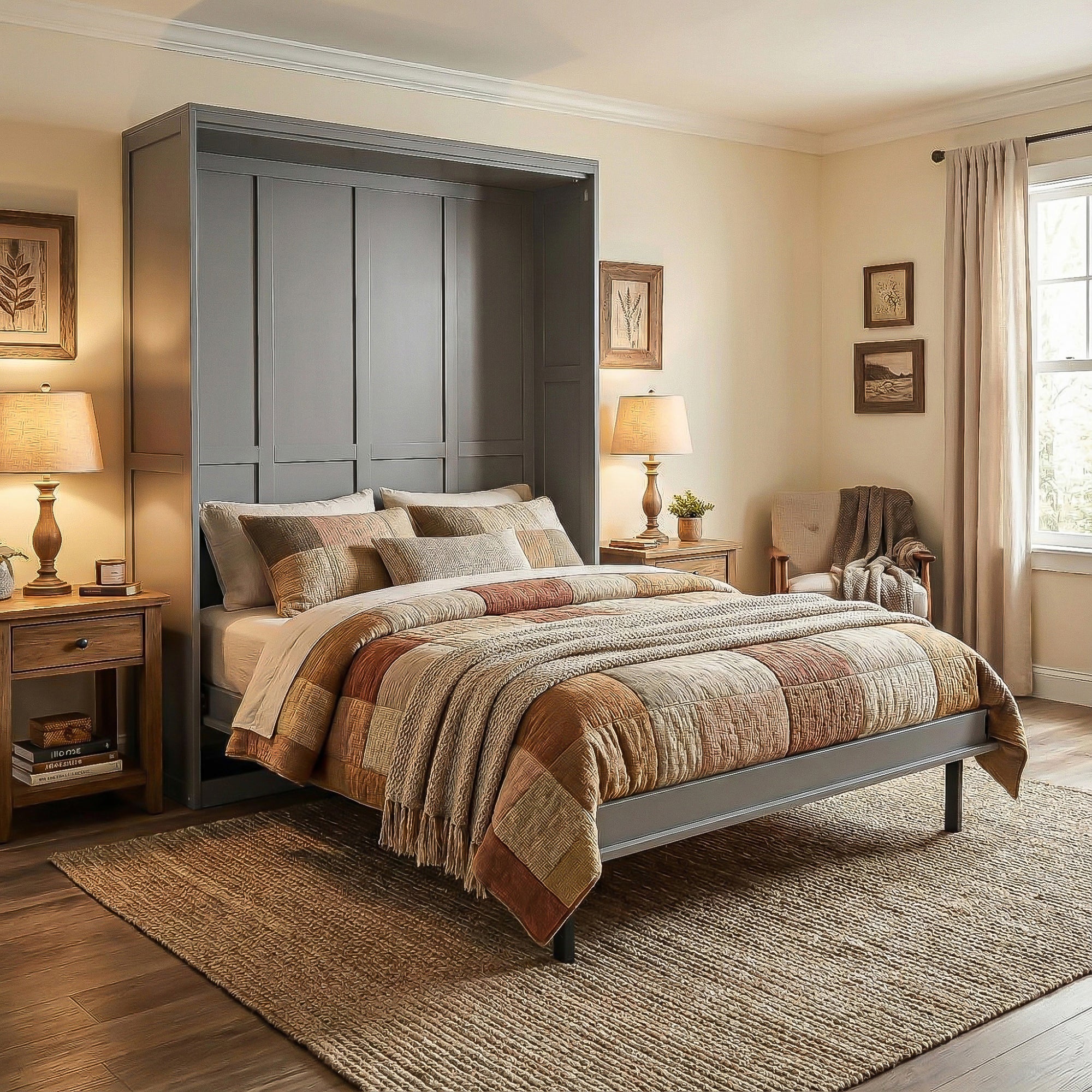Rotating Queen Murphy Bed with 14 Storage Shelves, Gray