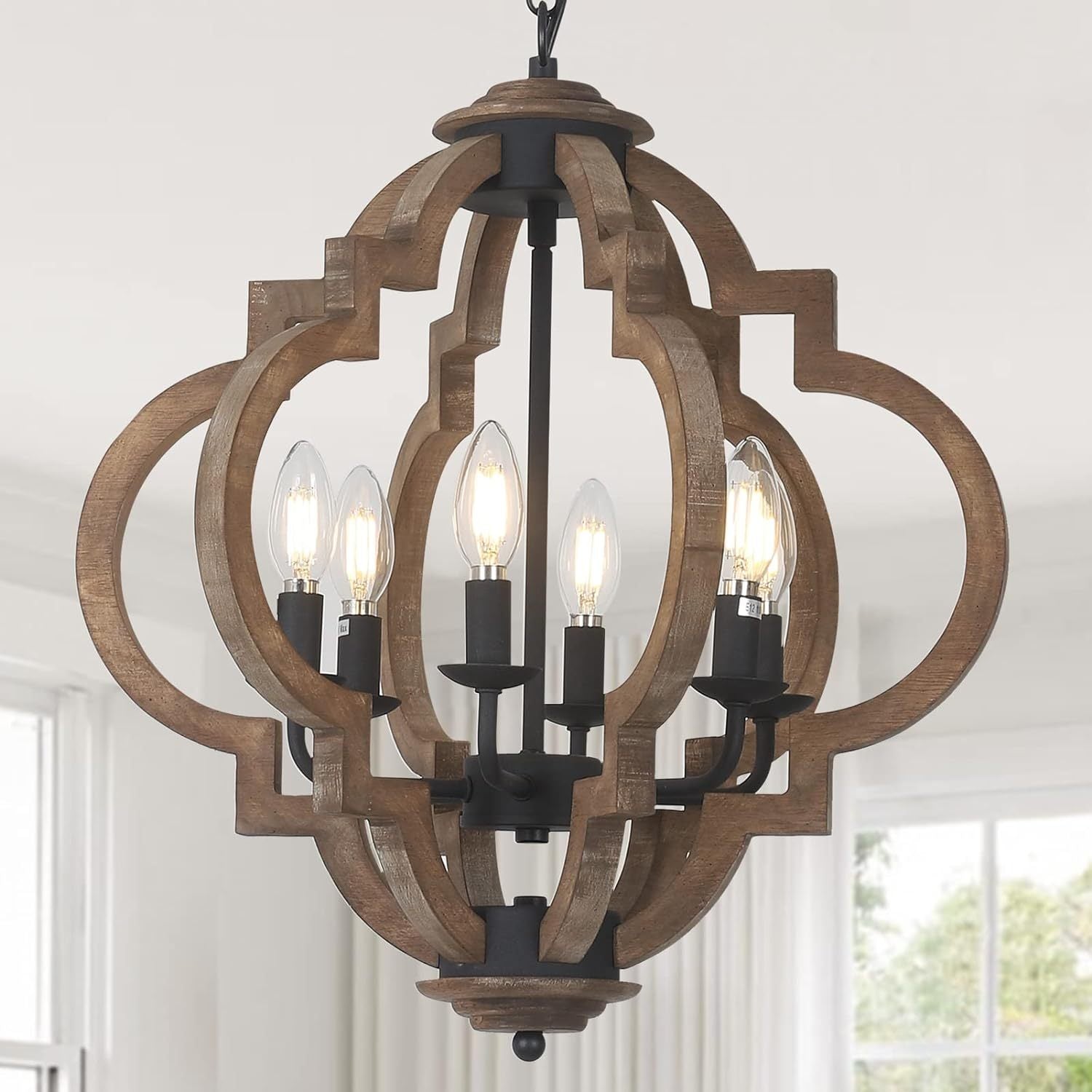 Wood Chandelier with 6 Dimmable Lights