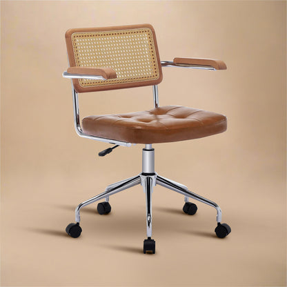 Mid Century Modern Desk & Office Chair – Handwoven Rattan & Vegan Leather