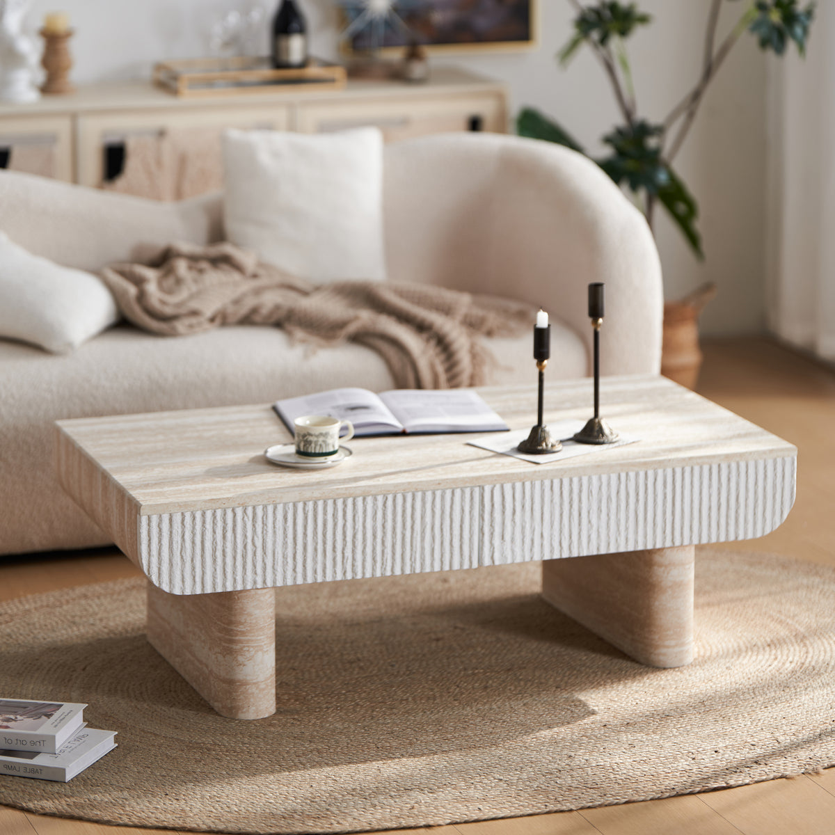 Beige Rectangular Fluted Coffee Table with Storage, 46.9 in
