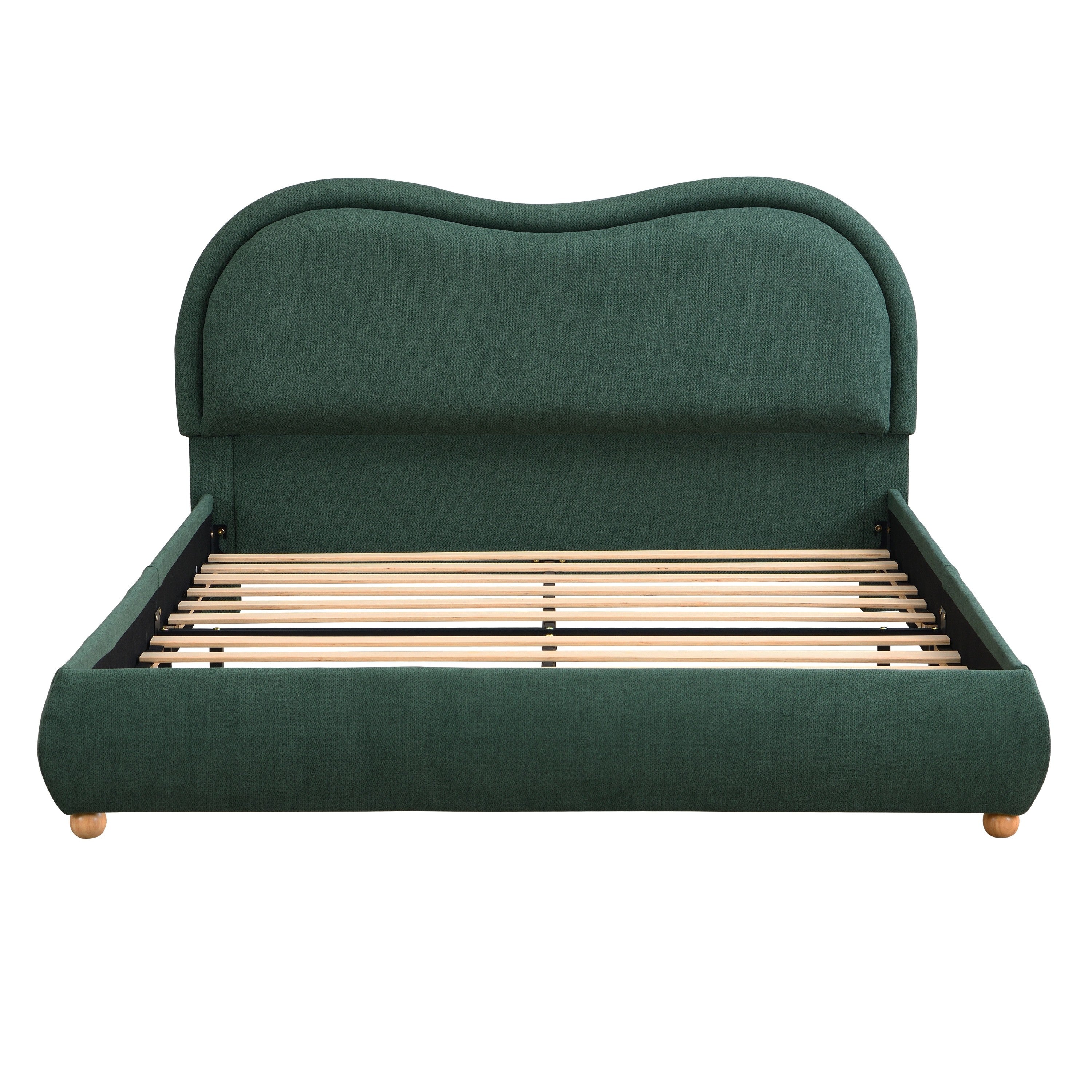Bare olive green queen upholstered bed frame with a curved chenille headboard, wood slats and round wood feet #Color_Olive Green