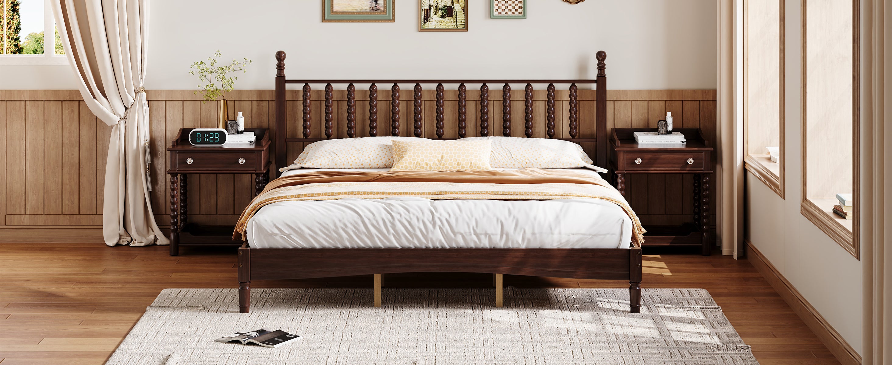 Walnut king bed frame in bedroom, wide angle with nightstands