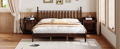 Walnut king bed frame in bedroom, wide angle with nightstands